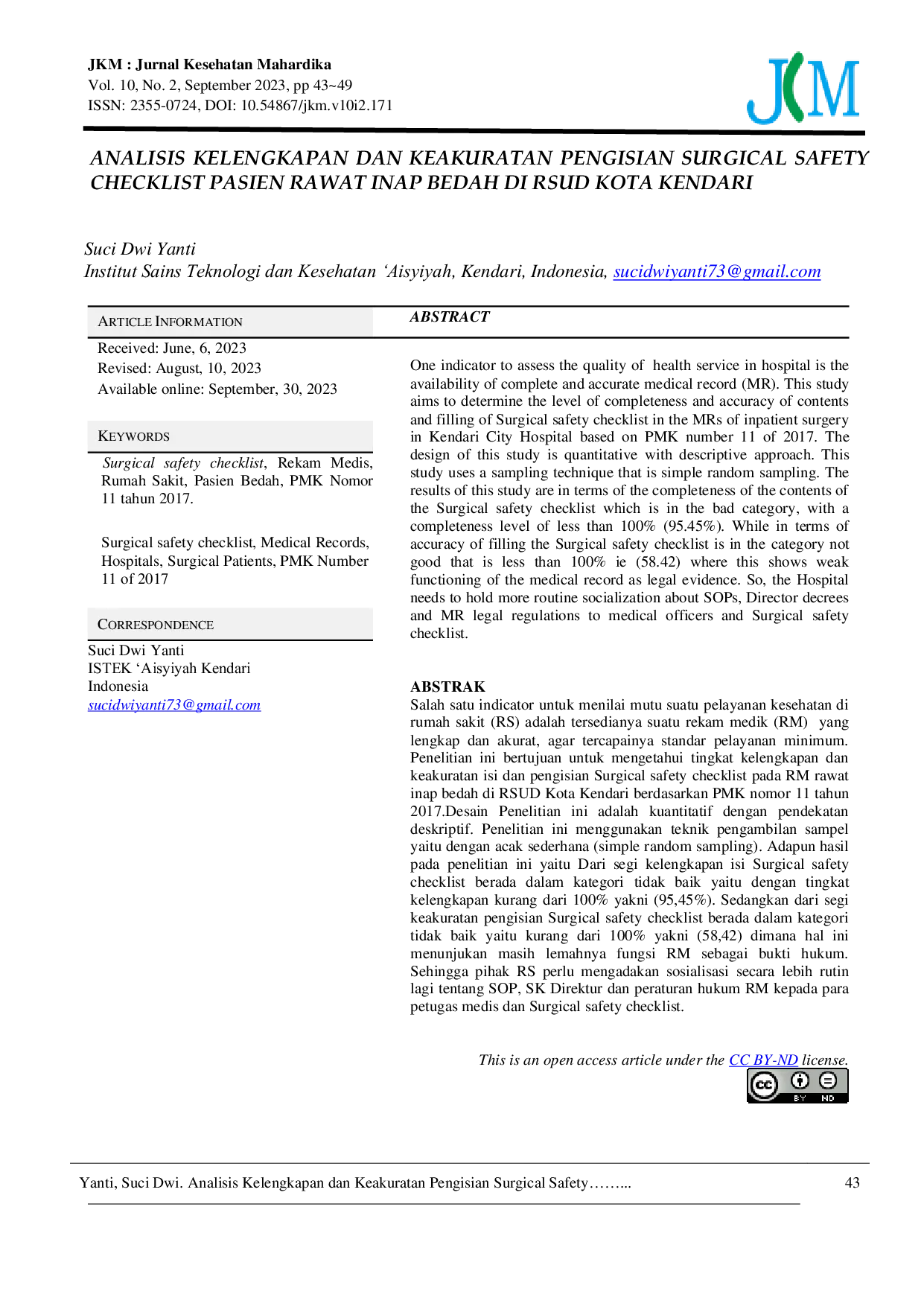 JURIS Analisis Kelengkapan Dan Keakuratan Pengisian Surgical Safety Checklist Pasien Rawat Inap Bedah Di Rsud Kota Kendari
