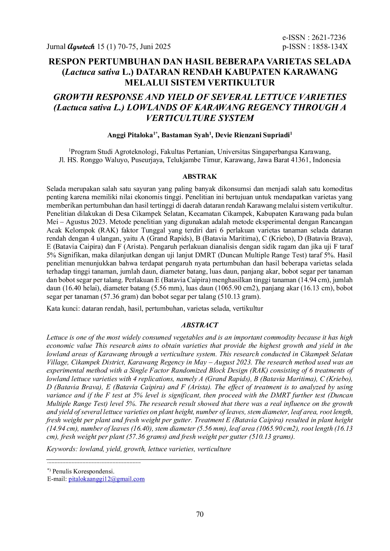 JURIS Respon Pertumbuhan dan Hasil Beberapa Varietas Selada Lactuca sativa L Dataran Rendah Kabupaten Karawang Melalui Sistem Vertikultur