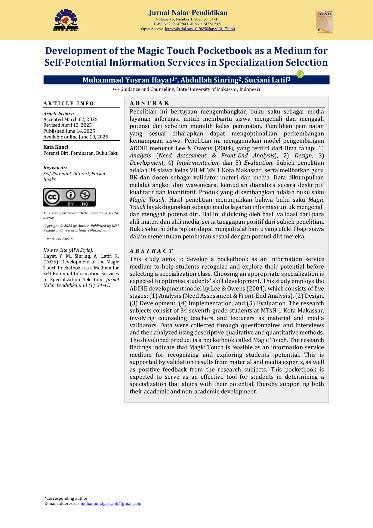 JURIS Development of the Magic Touch Pocketbook as a Medium for Self Potential Information Services in Specialization Selection