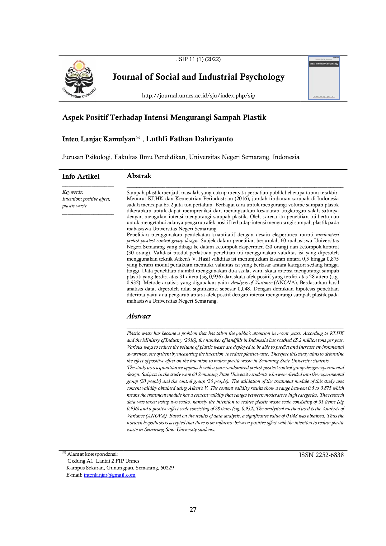 JURIS Aspek Positif Terhadap Intensi Mengurangi Sampah Plastik