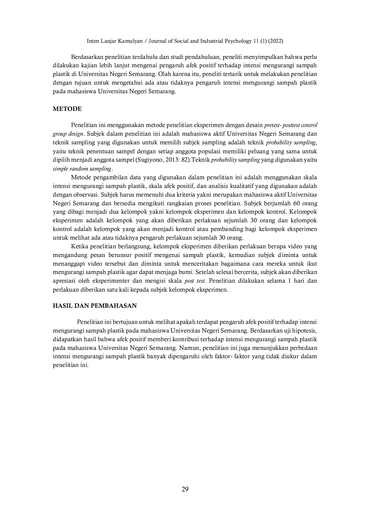 JURIS Aspek Positif Terhadap Intensi Mengurangi Sampah Plastik