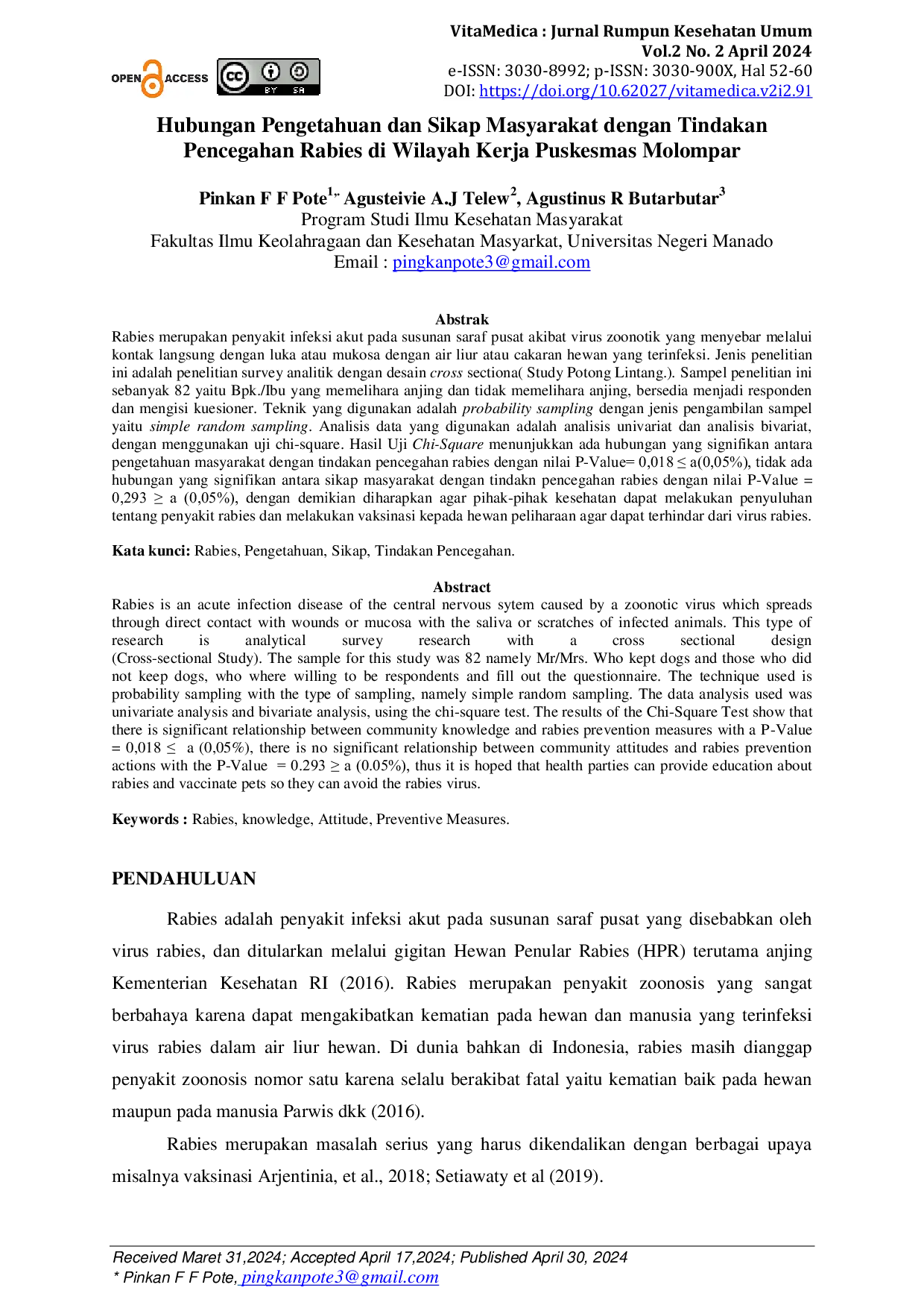 JURIS Hubungan Pengetahuan dan Sikap Masyarakat dengan Tindakan Pencegahan Rabies di Wilayah Kerja Puskesmas Molompar