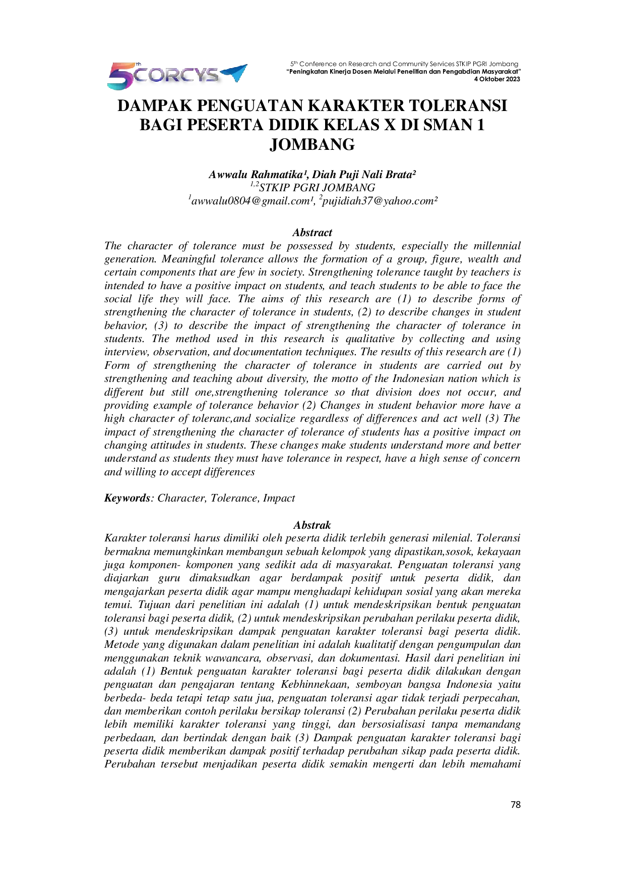 JURIS Dampak Penguatan Karakter Toleransi Bagi Peserta Didik Kelas X di SMAN 1 Jombang