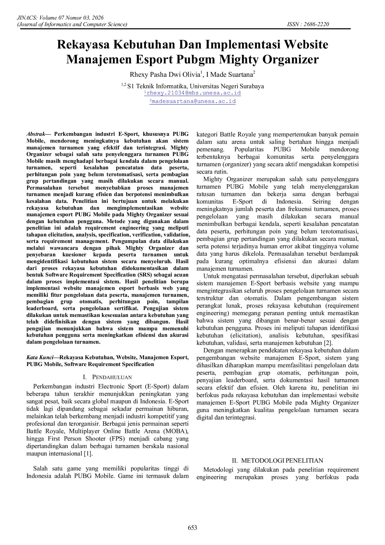 JURIS Rekayasa Kebutuhan dan Implementasi Website Manajemen Esport PUBGM Mighty Organizer