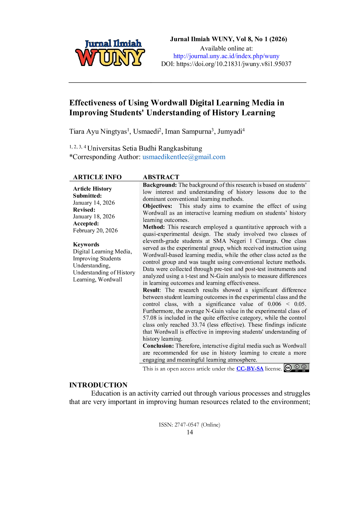 JURIS Effectiveness Of Using Wordwall Digital Learning Media In Improving Students Understanding Of History Learning
