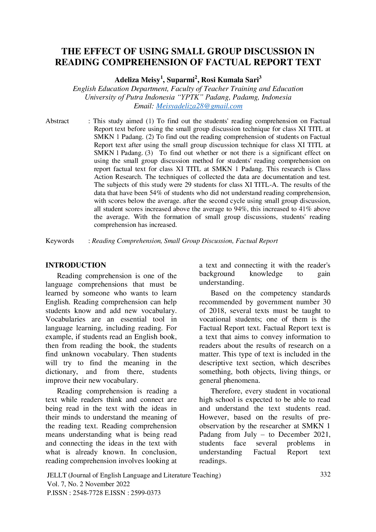 JURIS The Effect Of Using Small Group Discussion In Reading Comprehension Of Factual Report Text