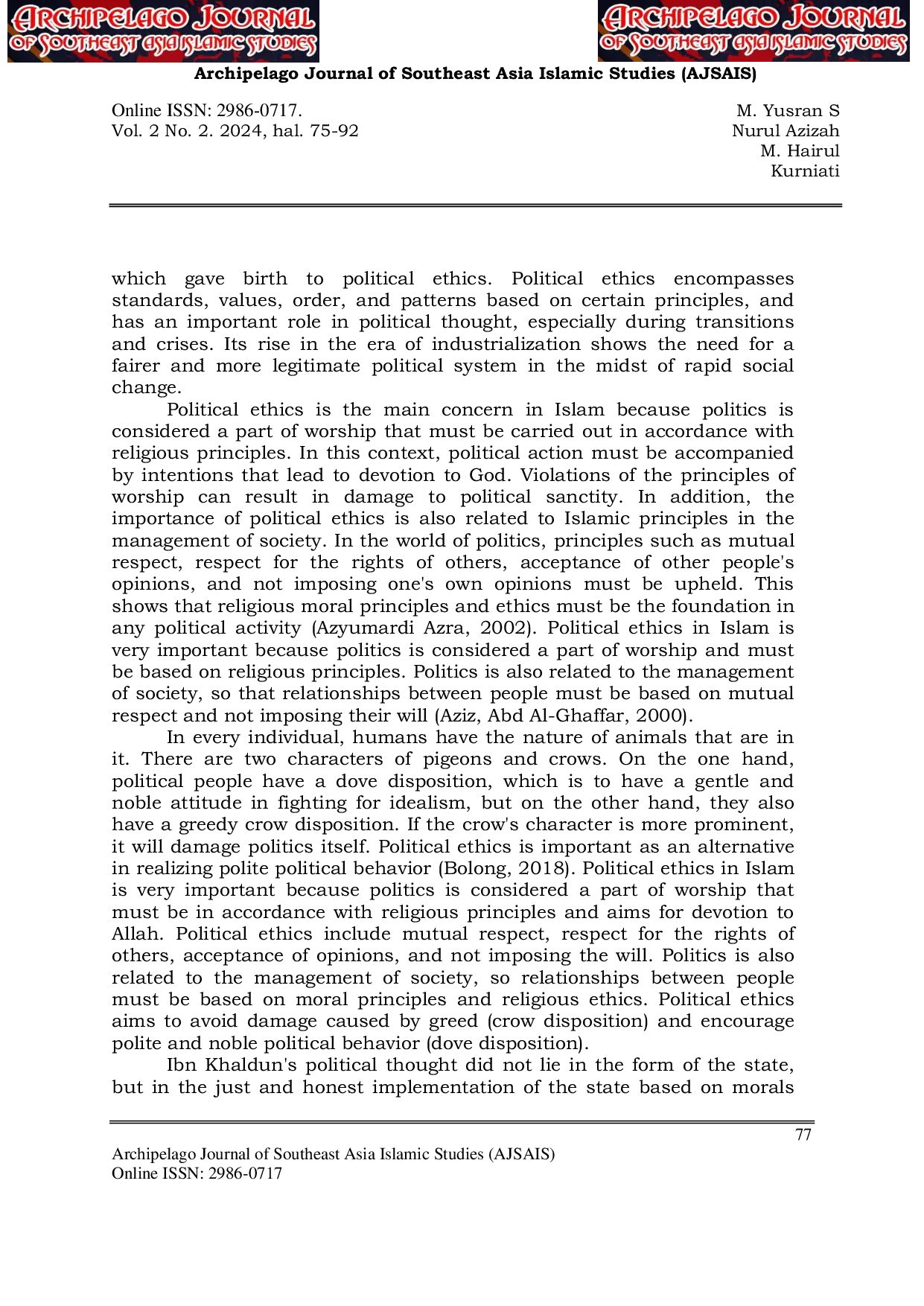 JURIS IMPLEMENTATION OF ISLAMIC POLITICAL ETHICS IN INDONESIA STUDY OF IBN KHALDUN S THOUGHTS