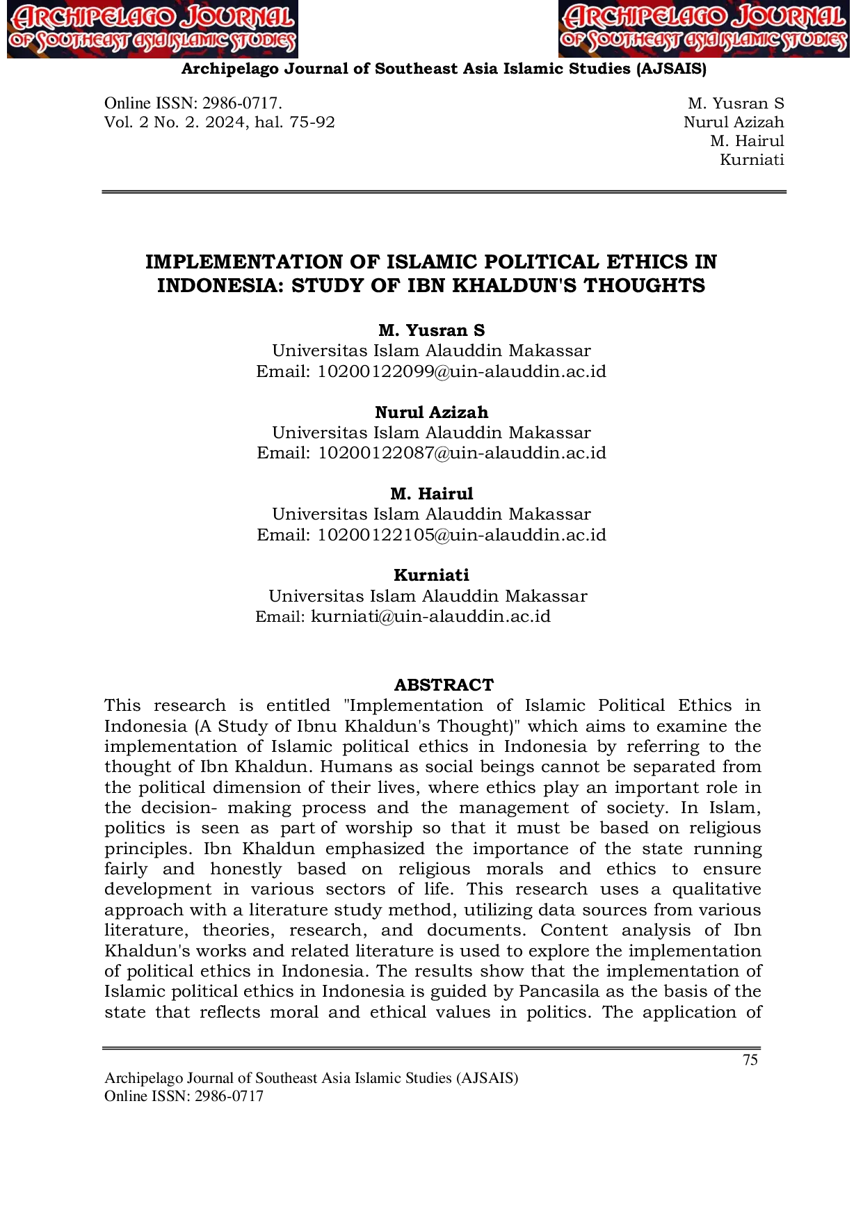 JURIS IMPLEMENTATION OF ISLAMIC POLITICAL ETHICS IN INDONESIA STUDY OF IBN KHALDUN S THOUGHTS