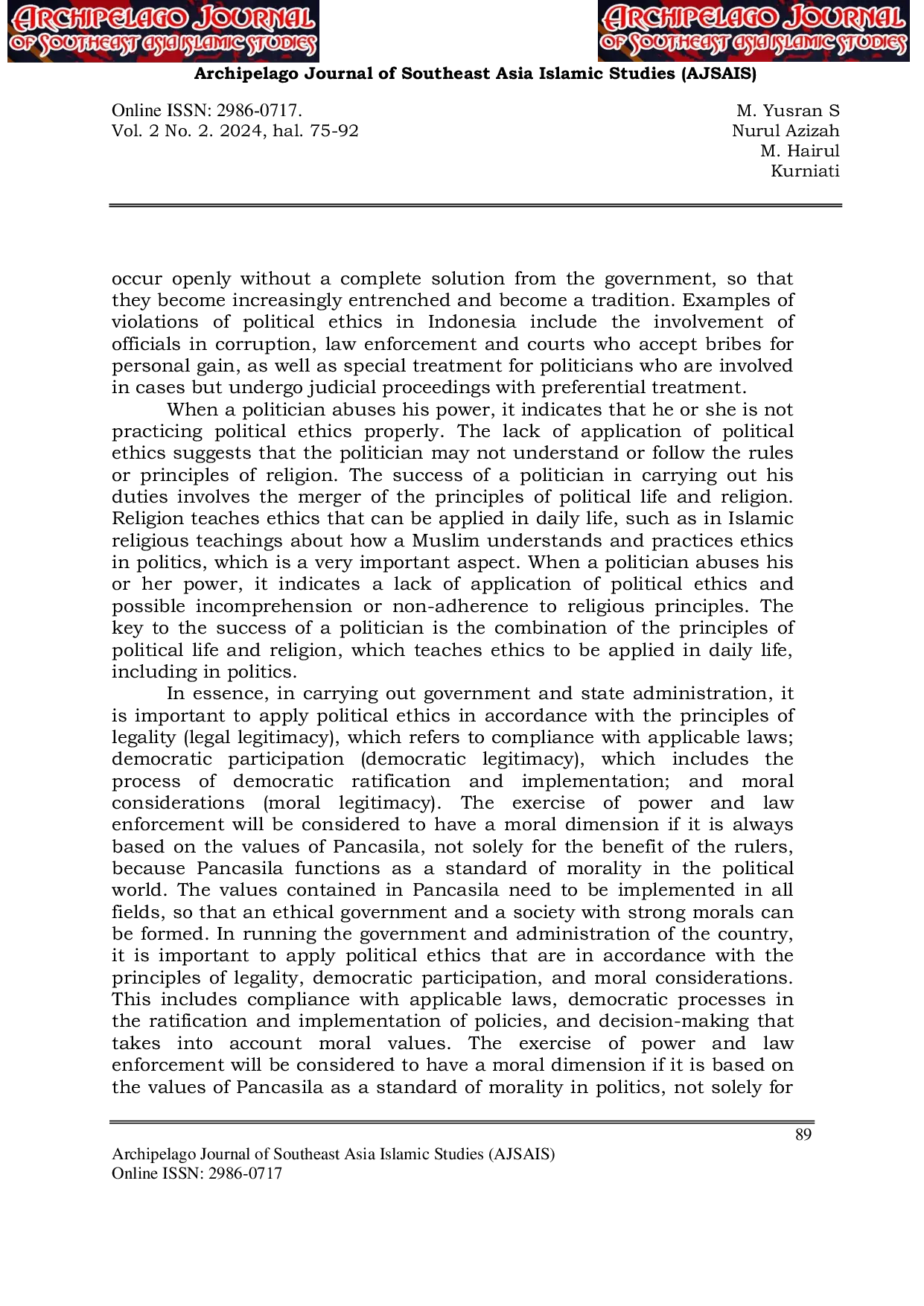 JURIS IMPLEMENTATION OF ISLAMIC POLITICAL ETHICS IN INDONESIA STUDY OF IBN KHALDUN S THOUGHTS