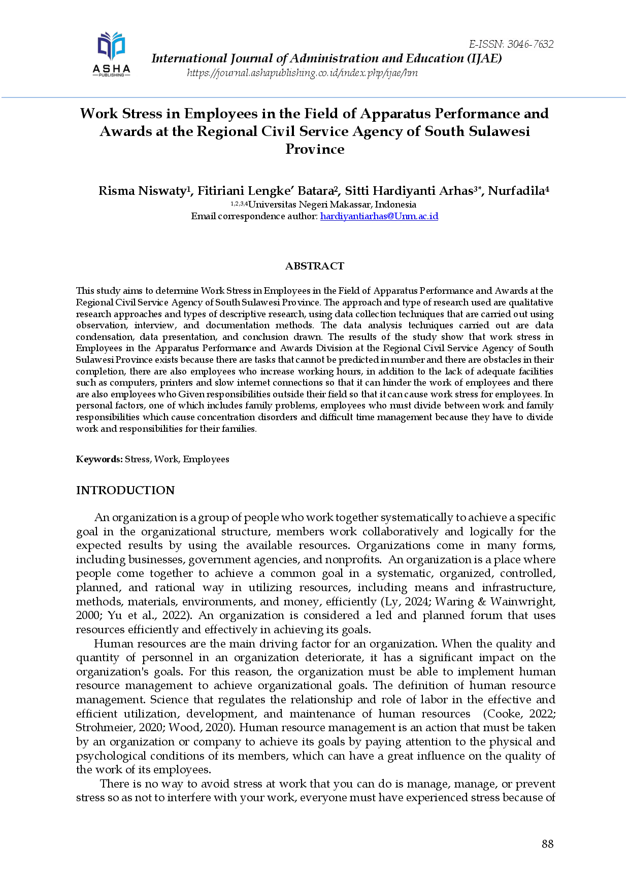 juris Work Stress in Employees in the Field of Apparatus Performance and Awards at the Regional Civil Service Agency of South Sulawesi Province