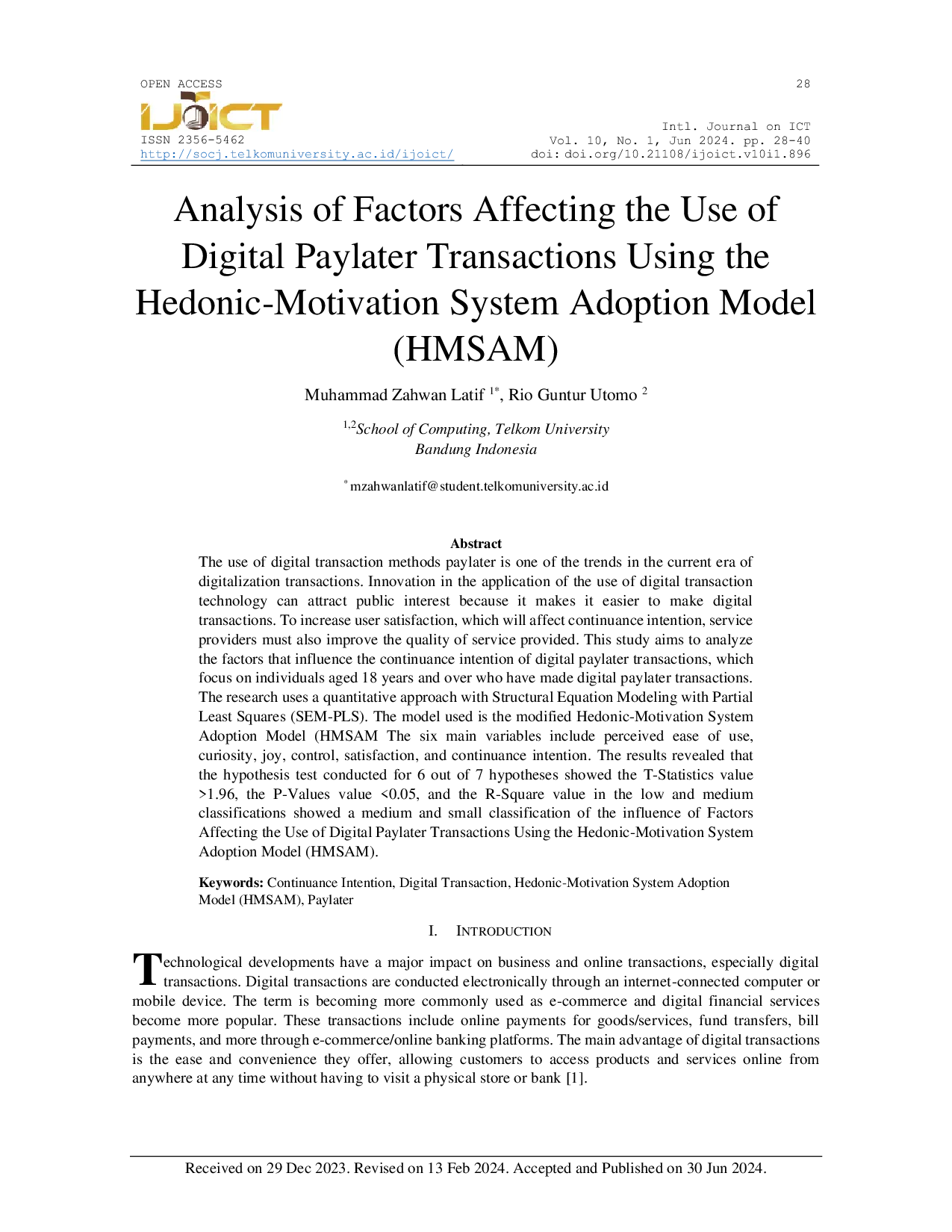 JURIS Analysis of Factors Affecting the Use of Digital Paylater Transactions Using the Hedonic Motivation System Adoption Model HMSAM
