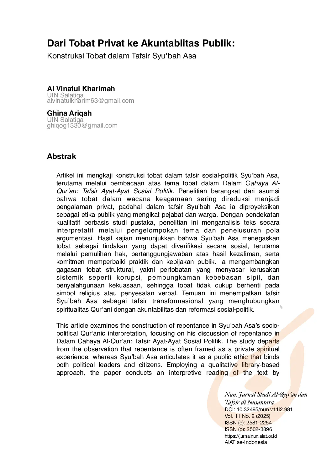 JURIS Dari Tobat Privat Ke Akuntabilitas Publik Konstruksi Tobat Dalam Tafsir Syu bah Asa