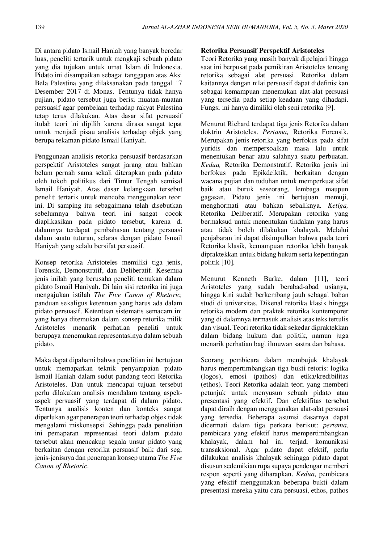 JURIS Representasi Konsep Retorika Persuasif Aristoteles dalam Pidato Ismail Haniyah untuk Umat Islam Indonesia