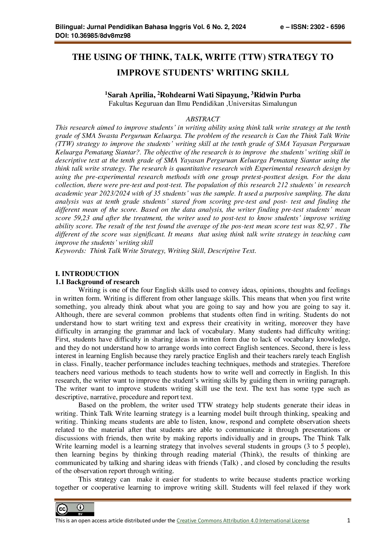 JURIS The Using Of Think Talk Write Ttw Strategy To Improve Students Writing Skill