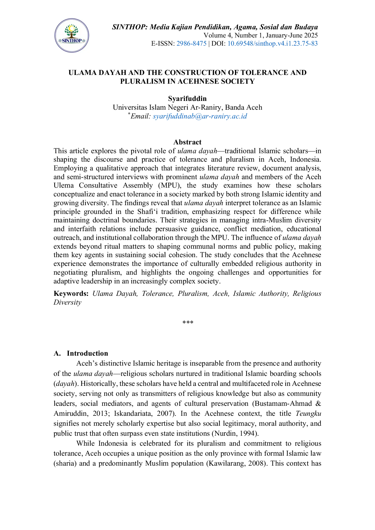 JURIS Ulama Dayah and the Construction of Tolerance and Pluralism in Acehnese Society