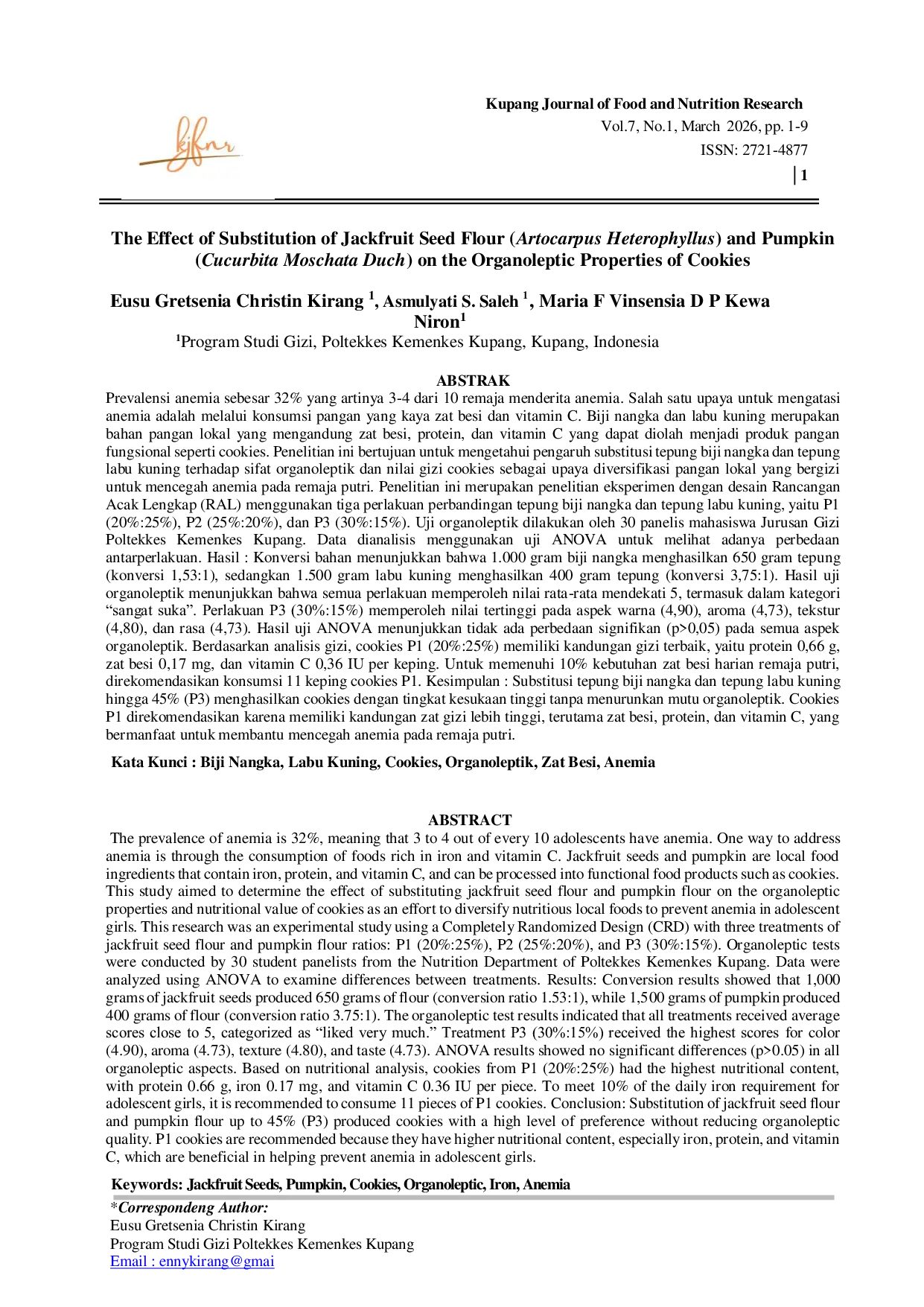 JURIS Pengaruh Substitusi Tepung Biji Nangka Artocarpus Heterophyllus Dan Labu Kuning Cucurbita Moschata Durch Terhadap Sifat Organoleptik Cookies