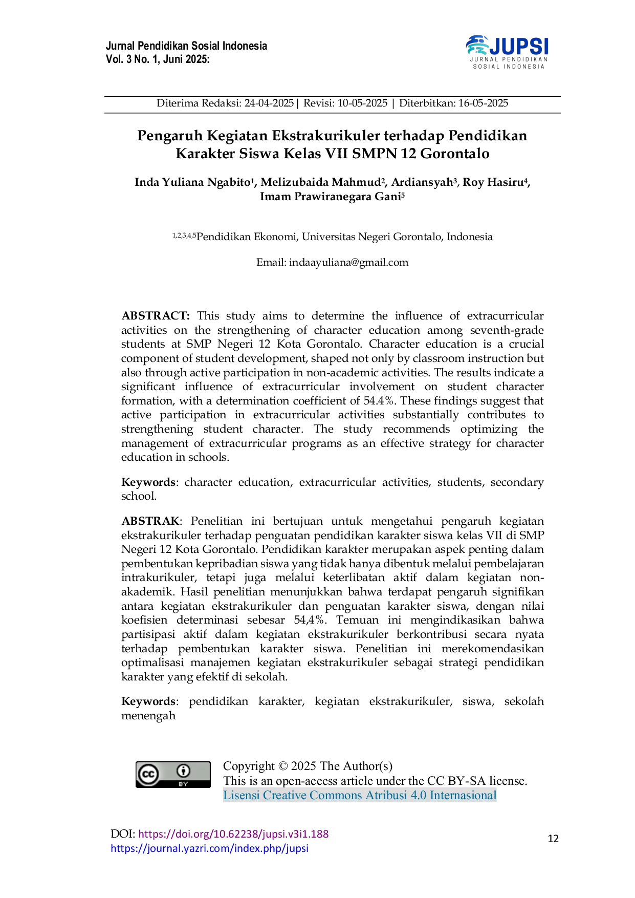 JURIS Pengaruh Kegiatan Ekstrakurikuler terhadap Pendidikan Karakter Siswa Kelas VII SMPN 12 Gorontalo