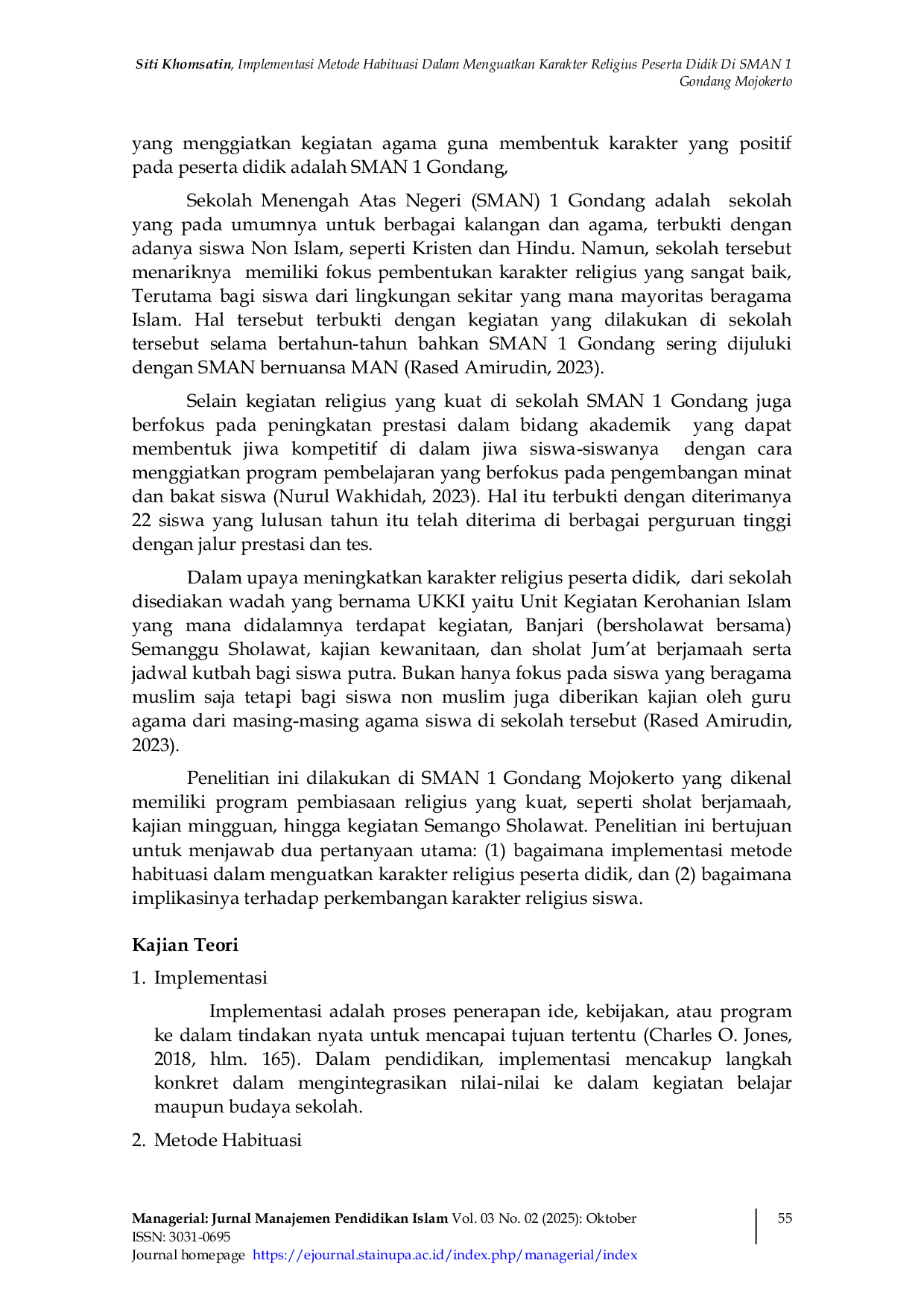 JURIS Implementasi Metode Habituasi Dalam Menguatkan Karakter Religius Peserta Didik Di Sman 1 Gondang Mojokerto