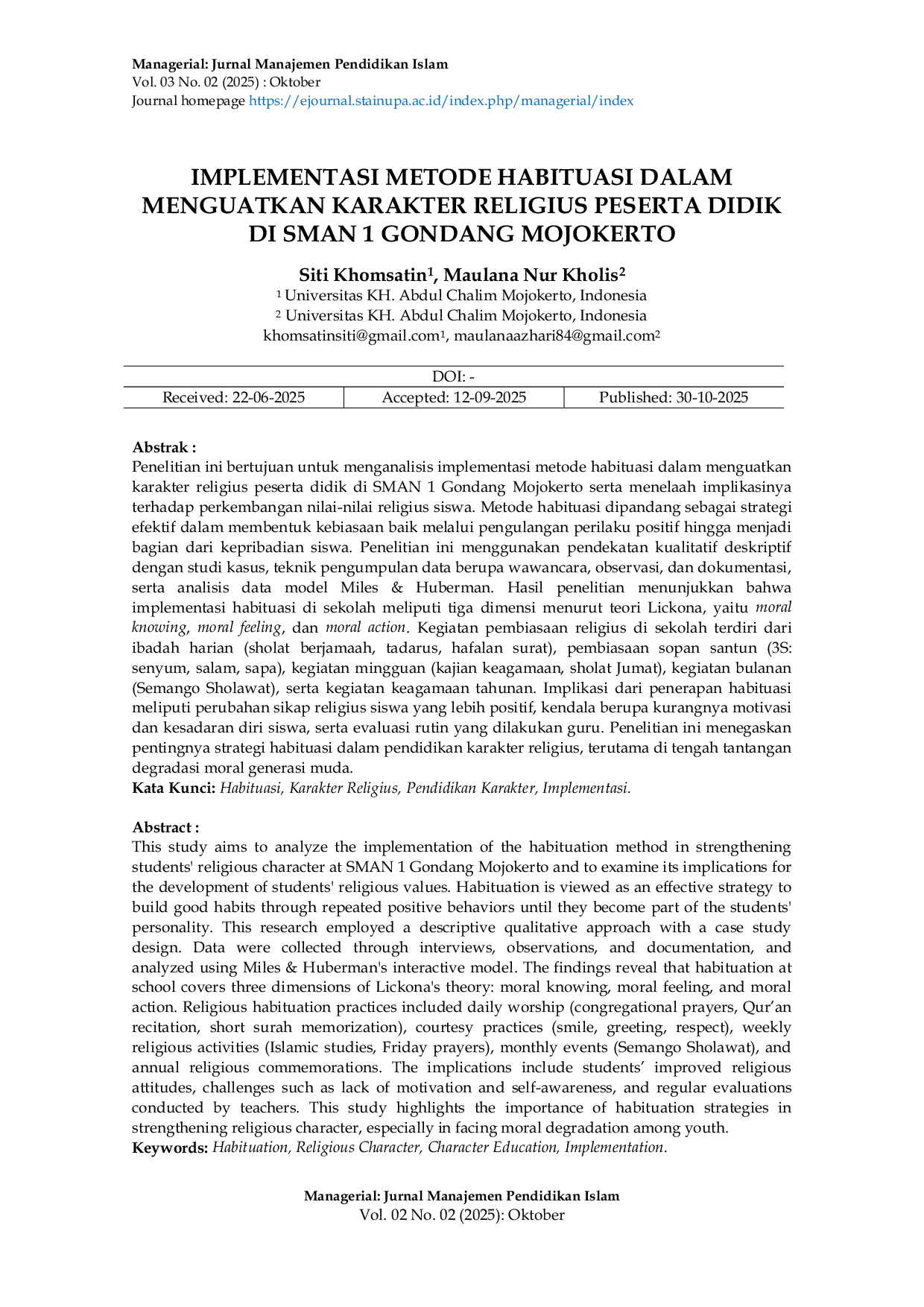 JURIS Implementasi Metode Habituasi Dalam Menguatkan Karakter Religius Peserta Didik Di Sman 1 Gondang Mojokerto