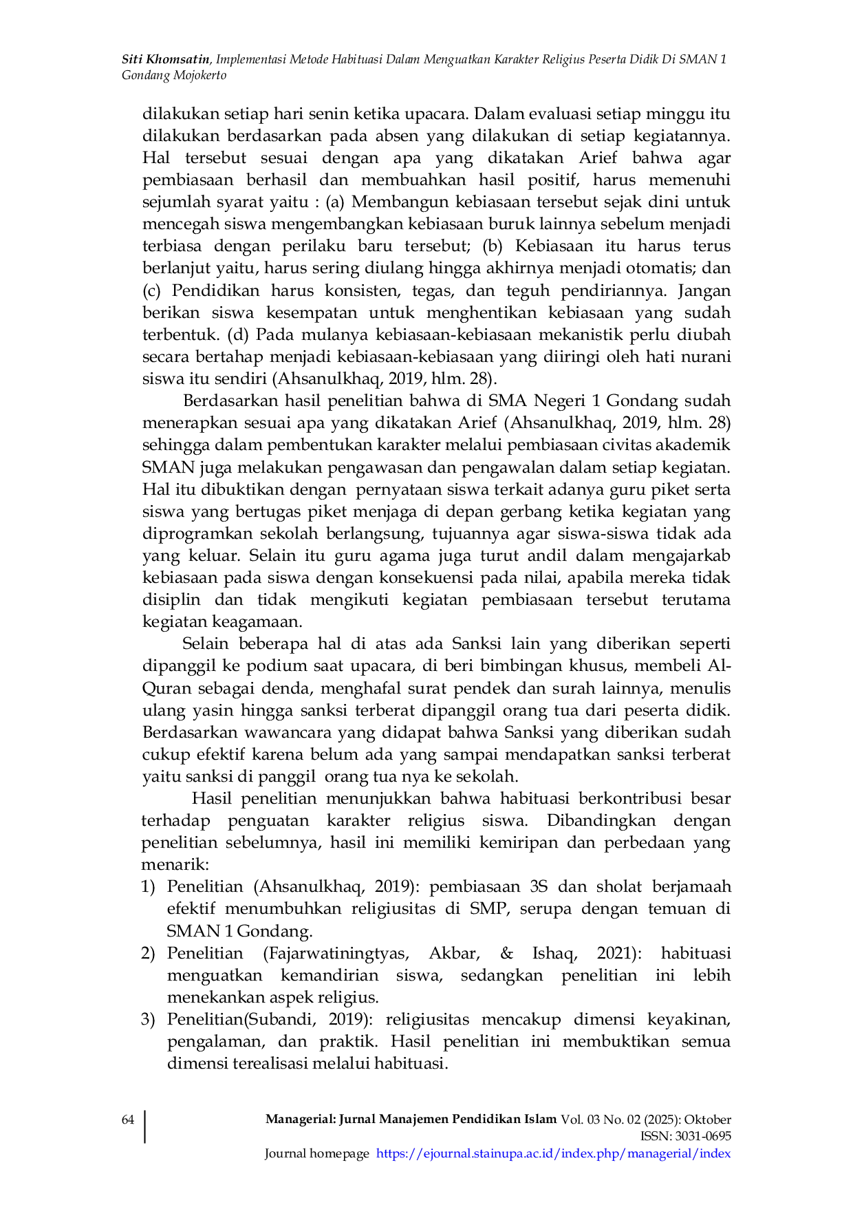JURIS Implementasi Metode Habituasi Dalam Menguatkan Karakter Religius Peserta Didik Di Sman 1 Gondang Mojokerto