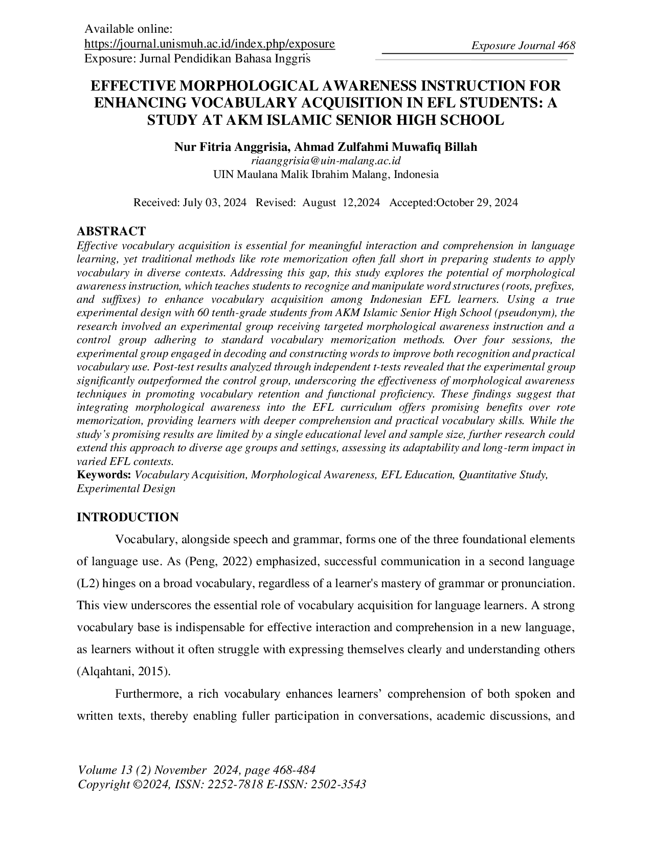 JURIS Effective Morphological Awareness Instruction for Enhancing Vocabulary Acquisition in EFL Students A Study at AKM Islamic Senior High School