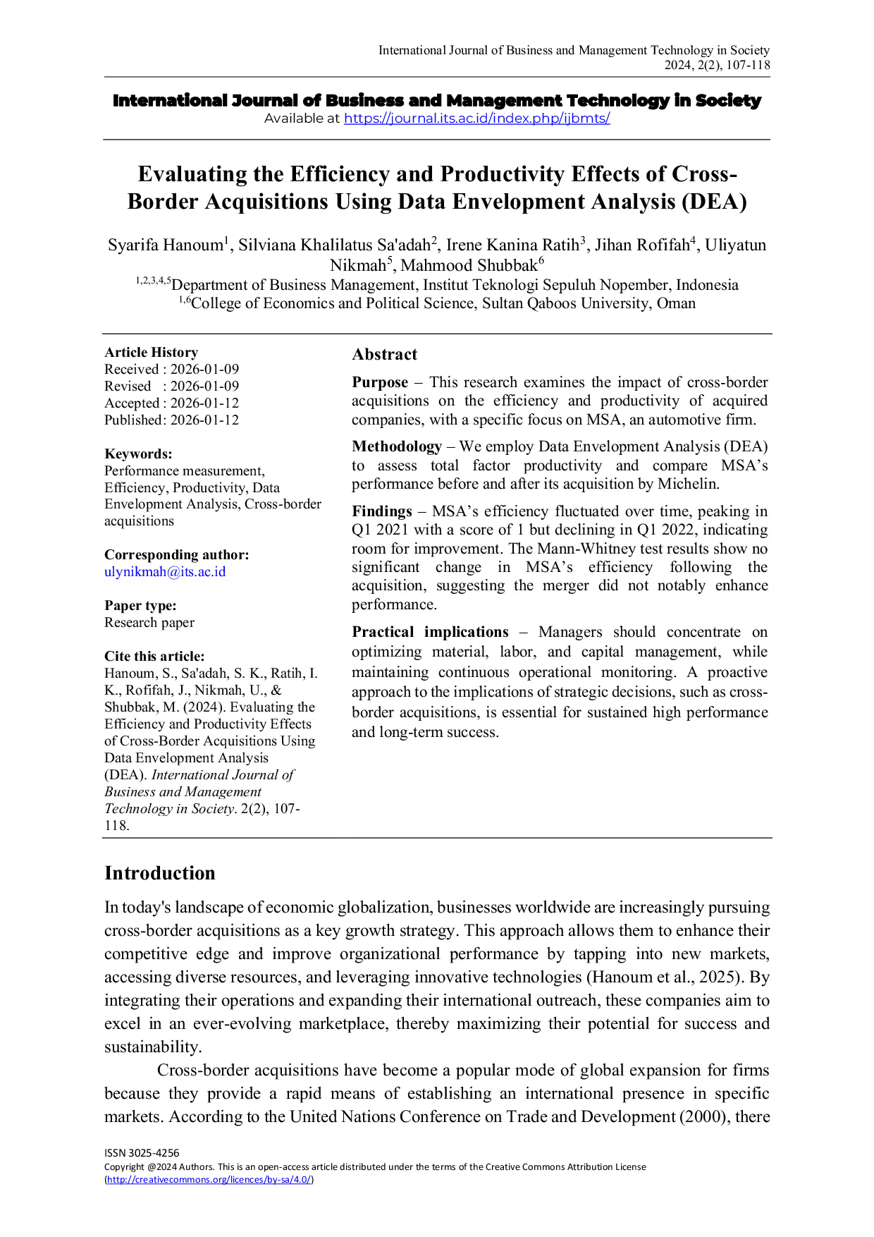 JURIS Evaluating the Efficiency and Productivity Effects of Cross Border Acquisitions Using Data Envelopment Analysis DEA
