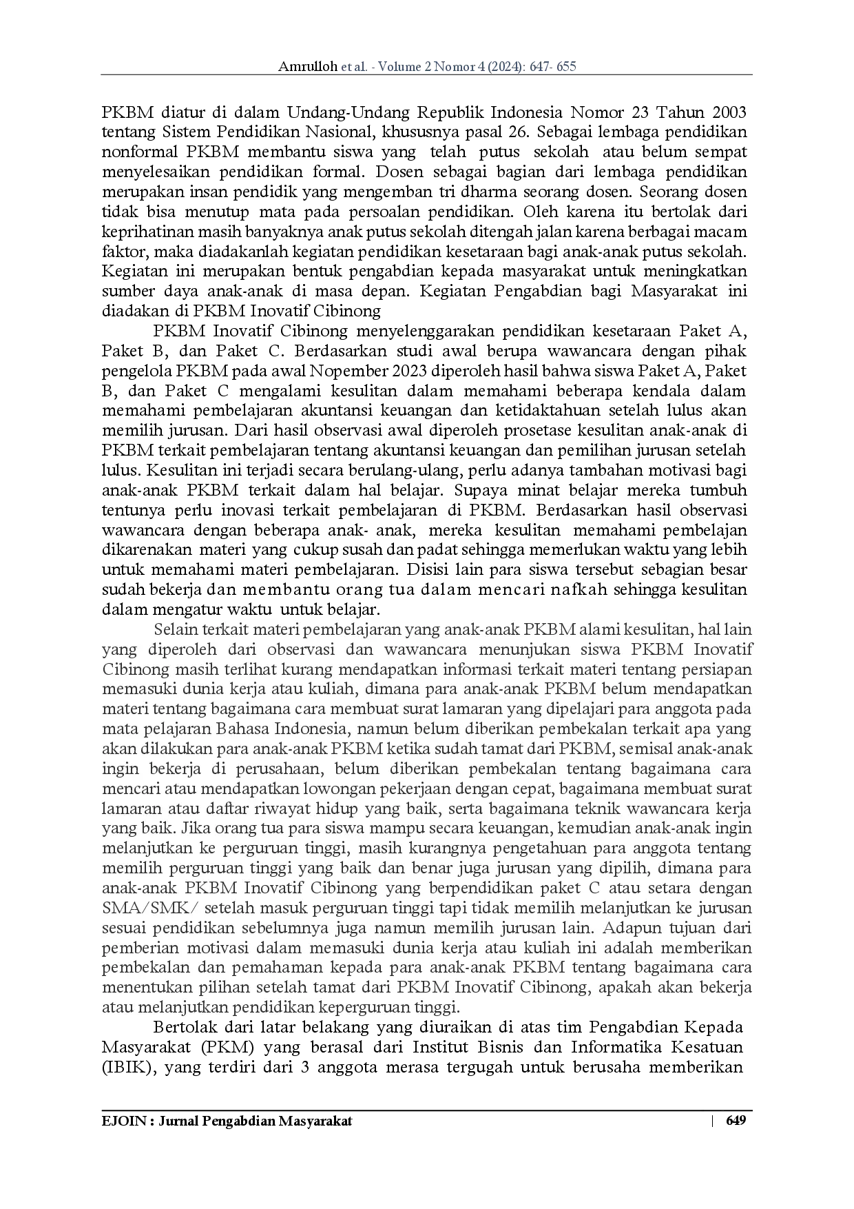 juris Pendampingan Pembelajaran Literasi Akuntansi Keuangan dalam Meningkatkan Motivasi Minat Belajar dan Penjurusan bagi Anak Anak Program Belajar PKBM di Kabupaten Bogor