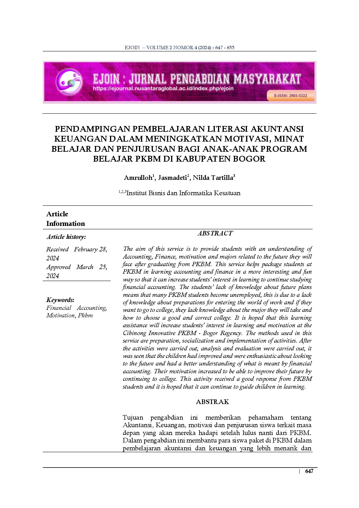 juris Pendampingan Pembelajaran Literasi Akuntansi Keuangan dalam Meningkatkan Motivasi Minat Belajar dan Penjurusan bagi Anak Anak Program Belajar PKBM di Kabupaten Bogor