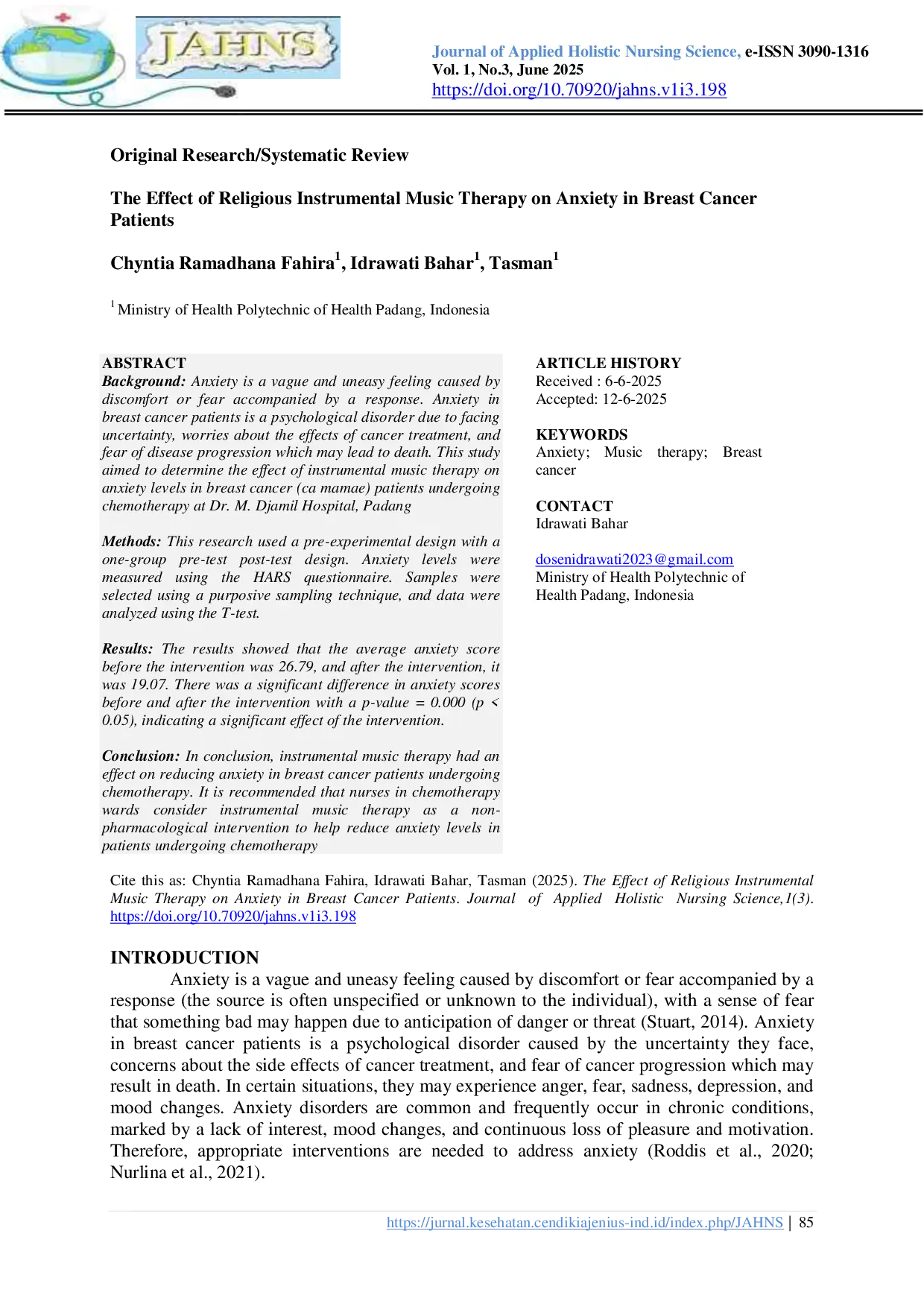 JURIS The Effect of Religious Instrumental Music Therapy on Anxiety in Breast Cancer Patients