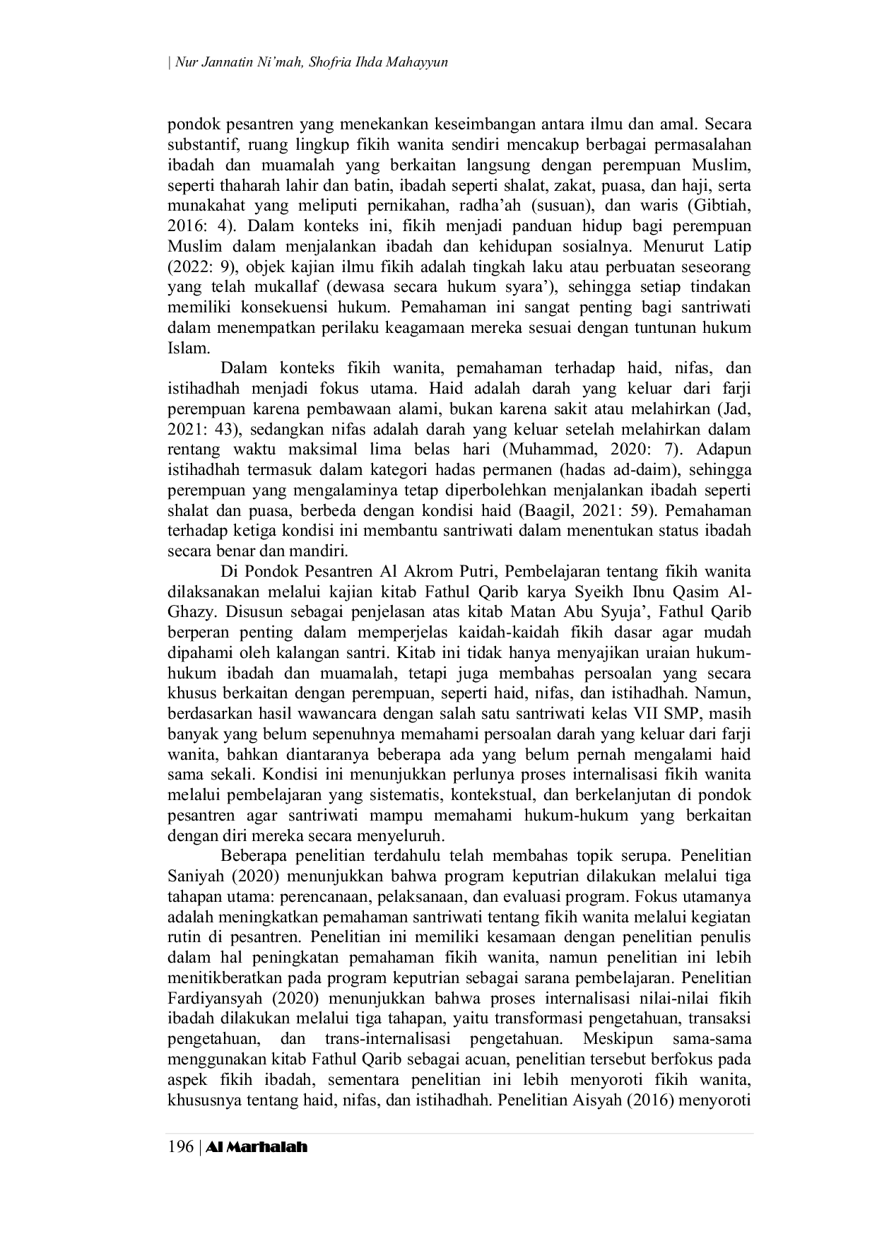 JURIS Internalisasi Fikih Wanita Melalui Pembelajaran Kitab Fathul Qarib di Pondok Pesantren Al Akrom Putri Banyuurip Margorejo Pati