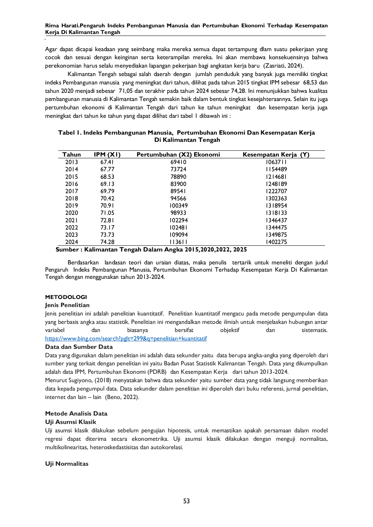 JURIS Pengaruh Indeks Pembangunan Manusia Dan Pertumbuhan Ekonomi Terhadap Kesempatan Kerja Di Kalimantan Tengah