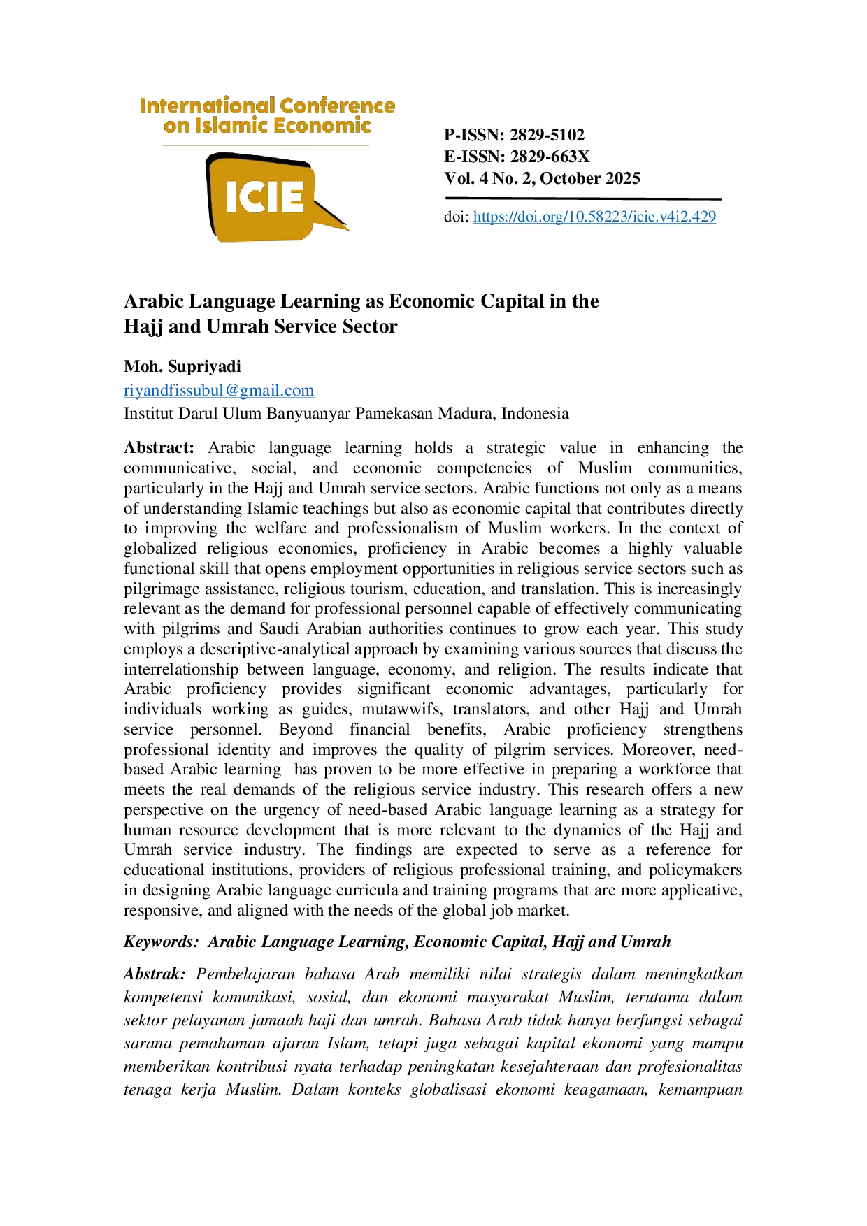 JURIS Arabic Language Learning as Economic Capital in the Hajj and Umrah Service Sector