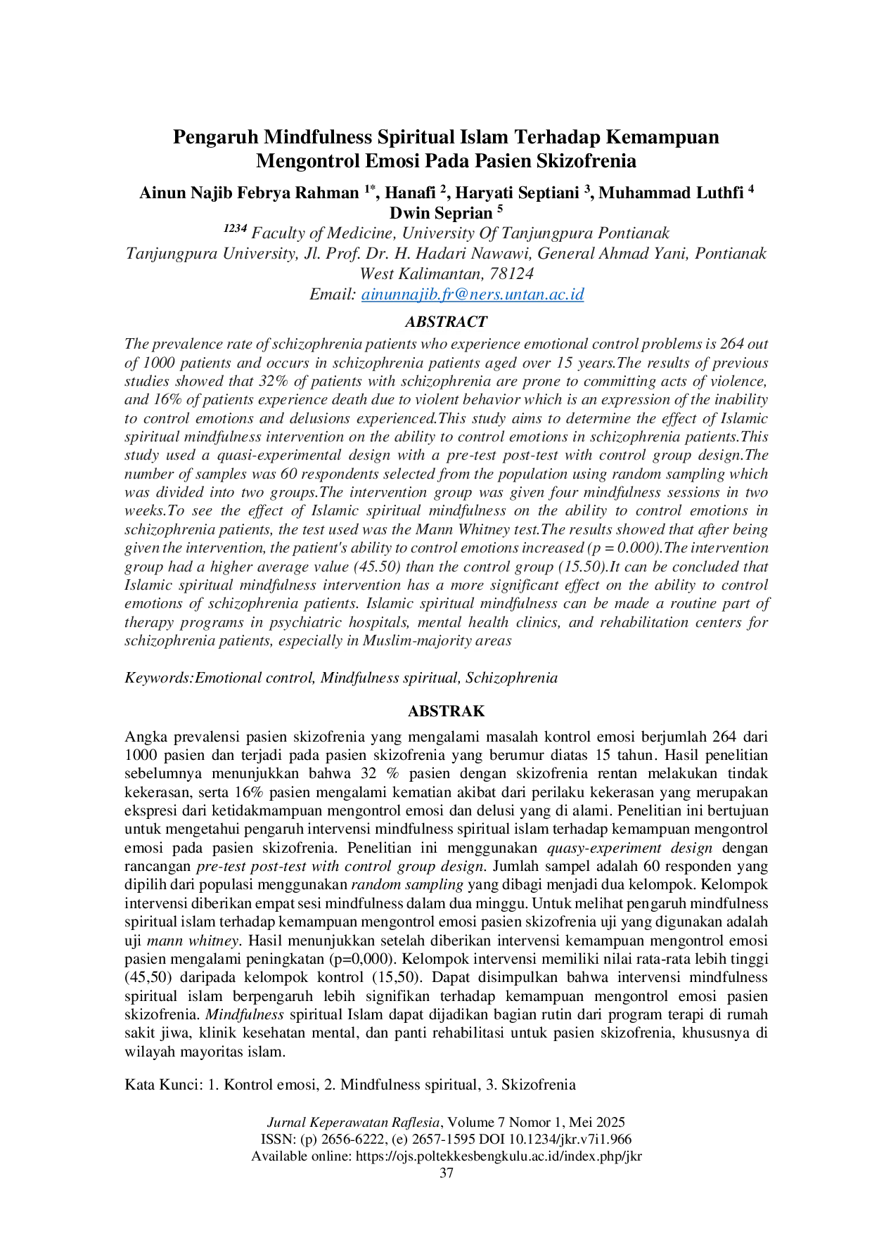 JURIS Pengaruh Mindfulness Spiritual Islam Terhadap Kemampuan Mengontrol Emosi Pada Pasien Skizofrenia THE EFFECT OF ISLAMIC SPIRITUAL MINDFULNESS ON THE ABILITY TO CONTROL EMOTIONS