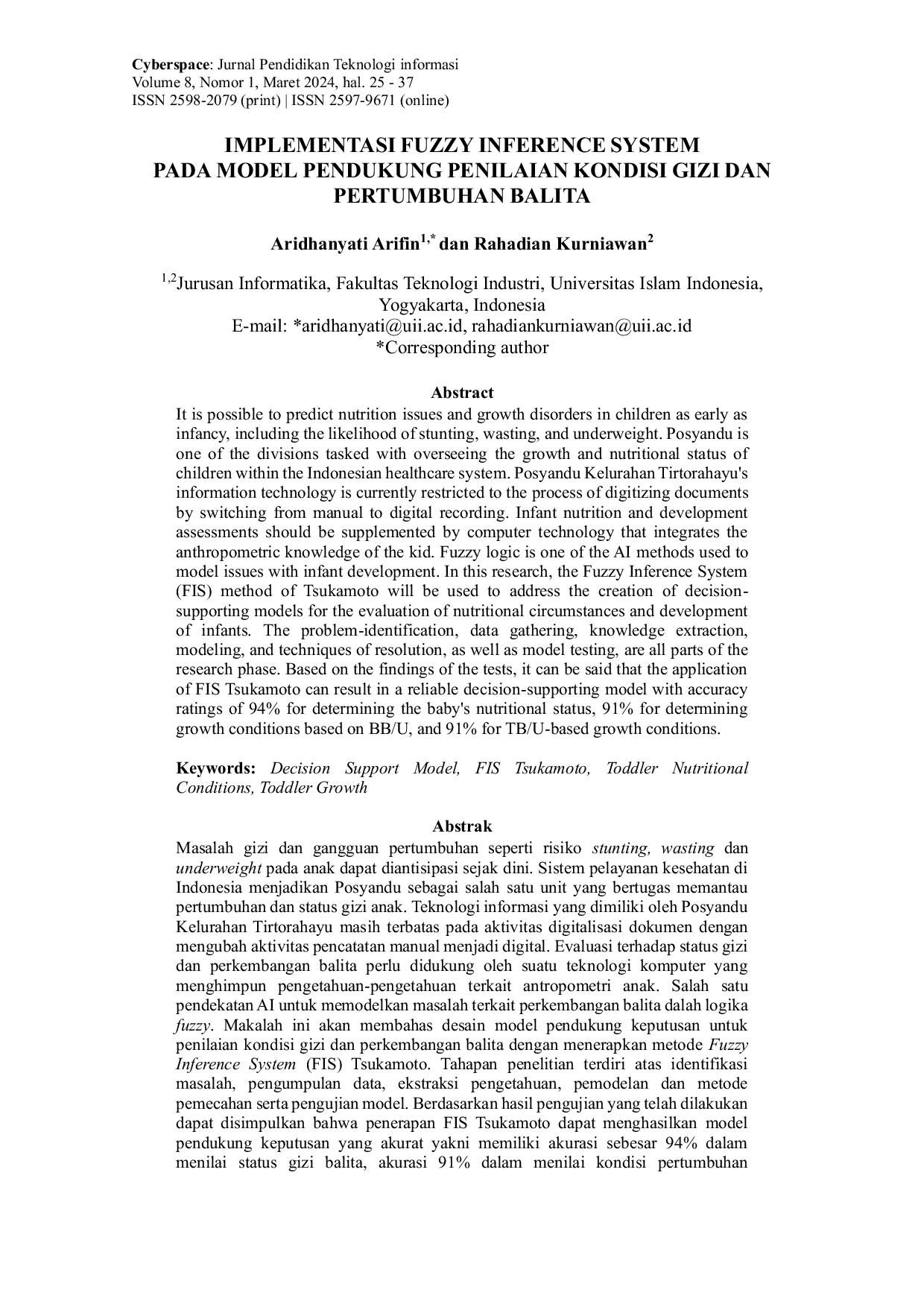 JURIS Implementasi Fuzzy Inference System Pada Model Pendukung Penilaian Kondisi Gizi Dan Pertumbuhan Balita