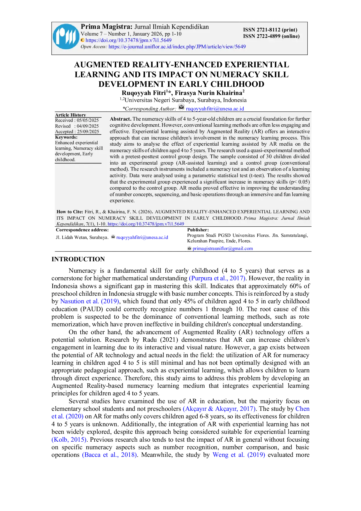 JURIS Augmented Reality Enhanced Experiential Learning and Its Impact on Numeracy Skill Development in Early Childhood