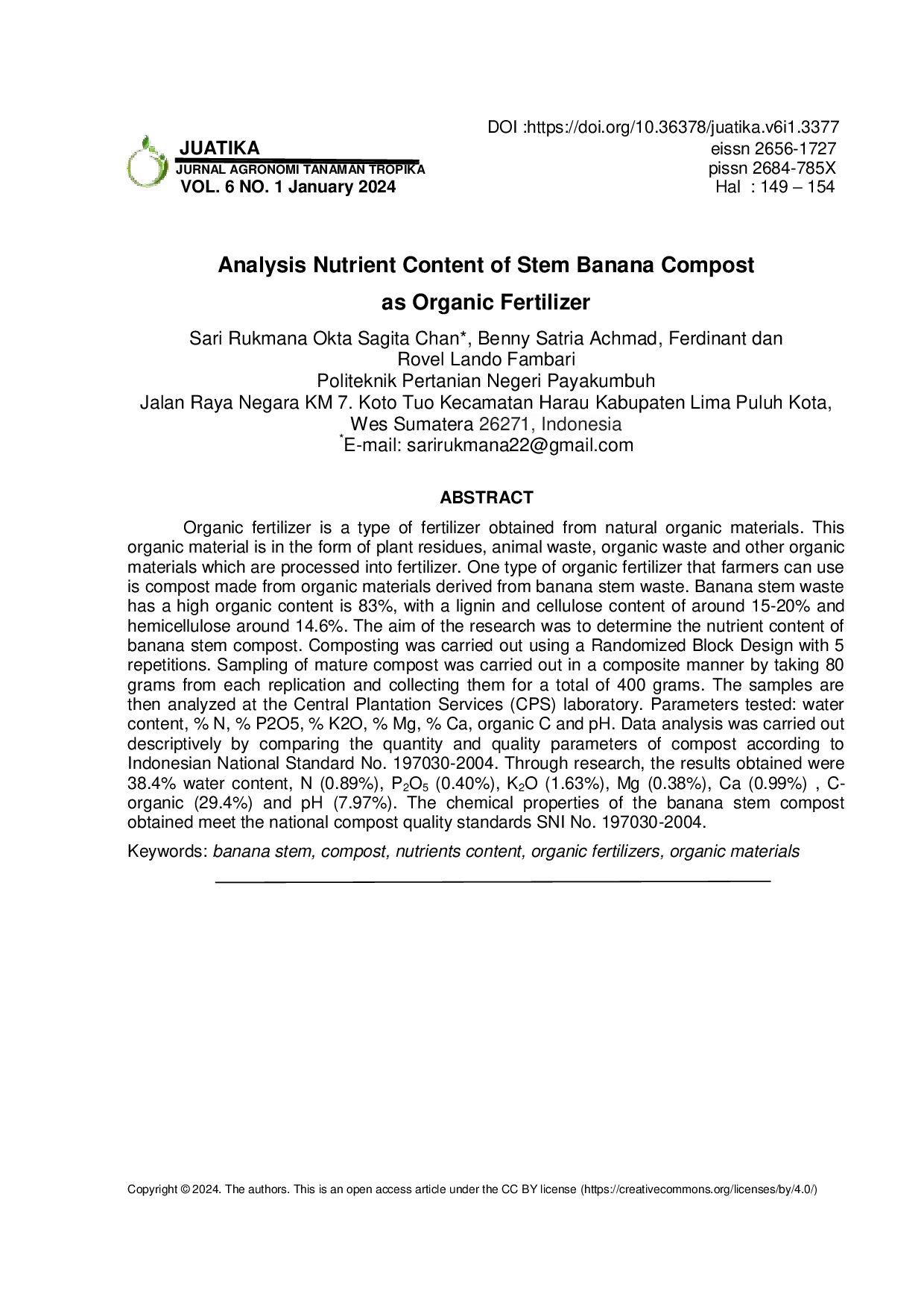 JURIS Analysis Nutrient Content of Stem Banana Compost as Organic Fertilizer