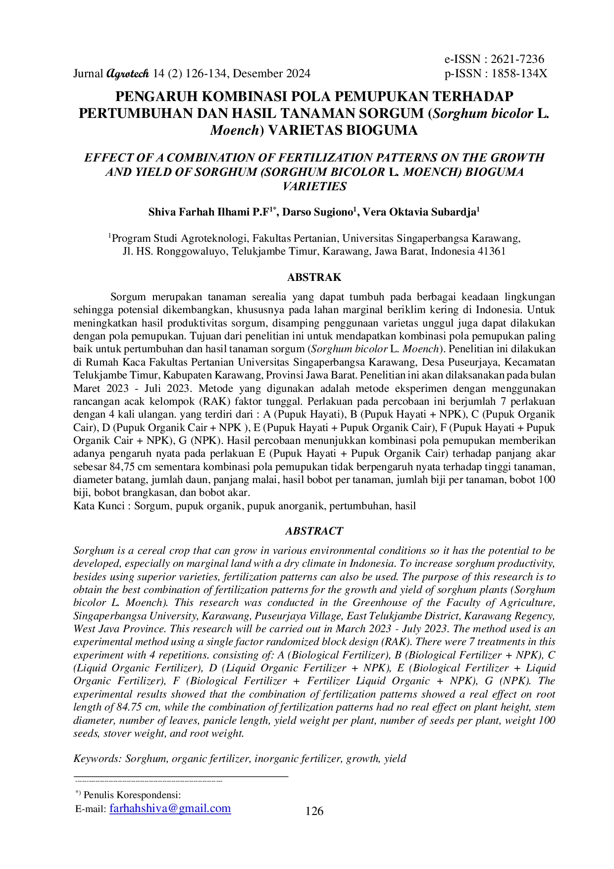 JURIS Pengaruh Kombinasi Pola Pemupukan Terhadap Pertumbuhan Dan Hasil Tanaman Sorgum Sorghum Bicolor L Moench Varietas Bioguma
