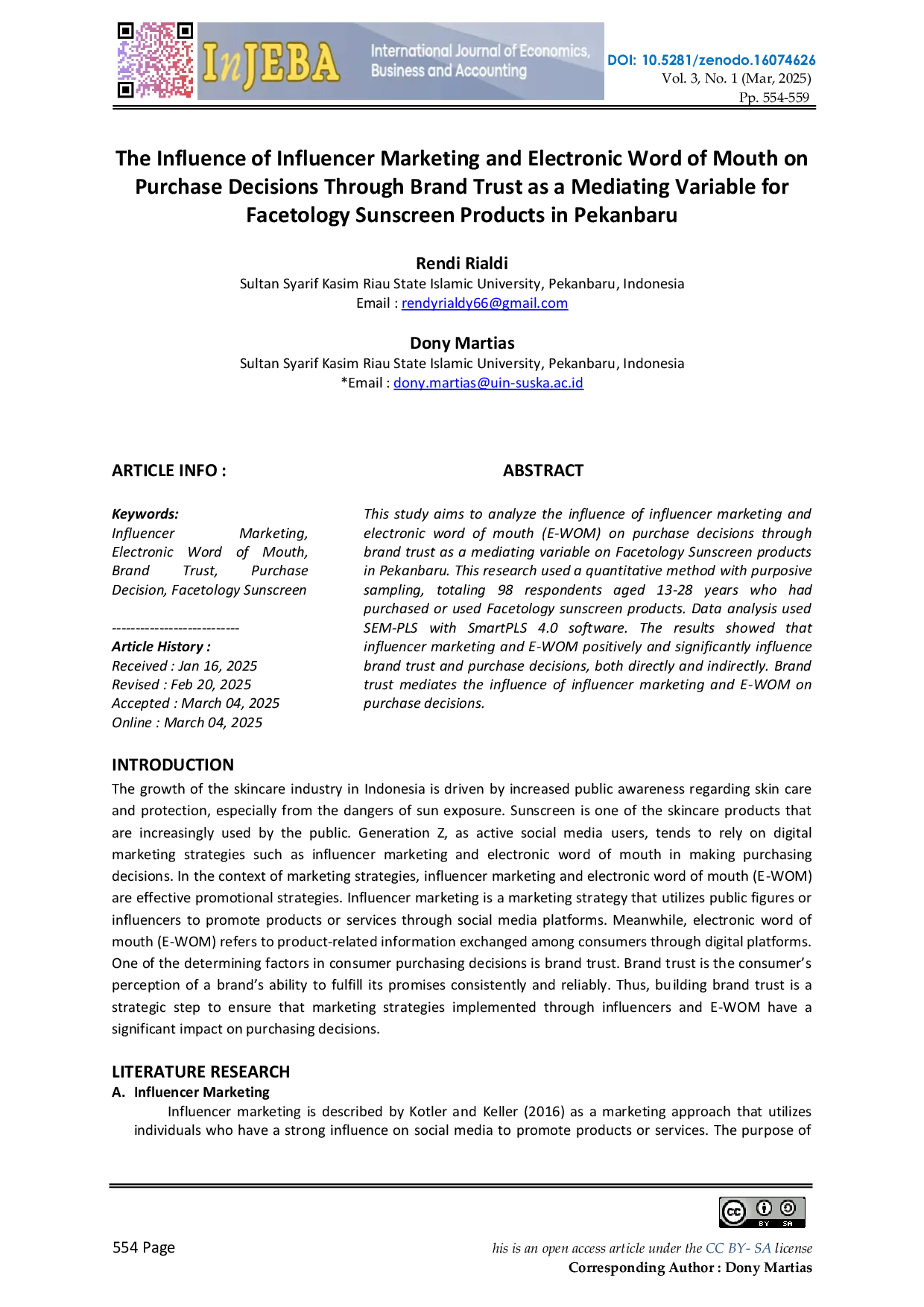 JURIS The Influence of Influencer Marketing and Electronic Word of Mouth on Purchase Decisions Through Brand Trust as a Mediating Variable for Facetology Sunscreen Products in Pekanbaru
