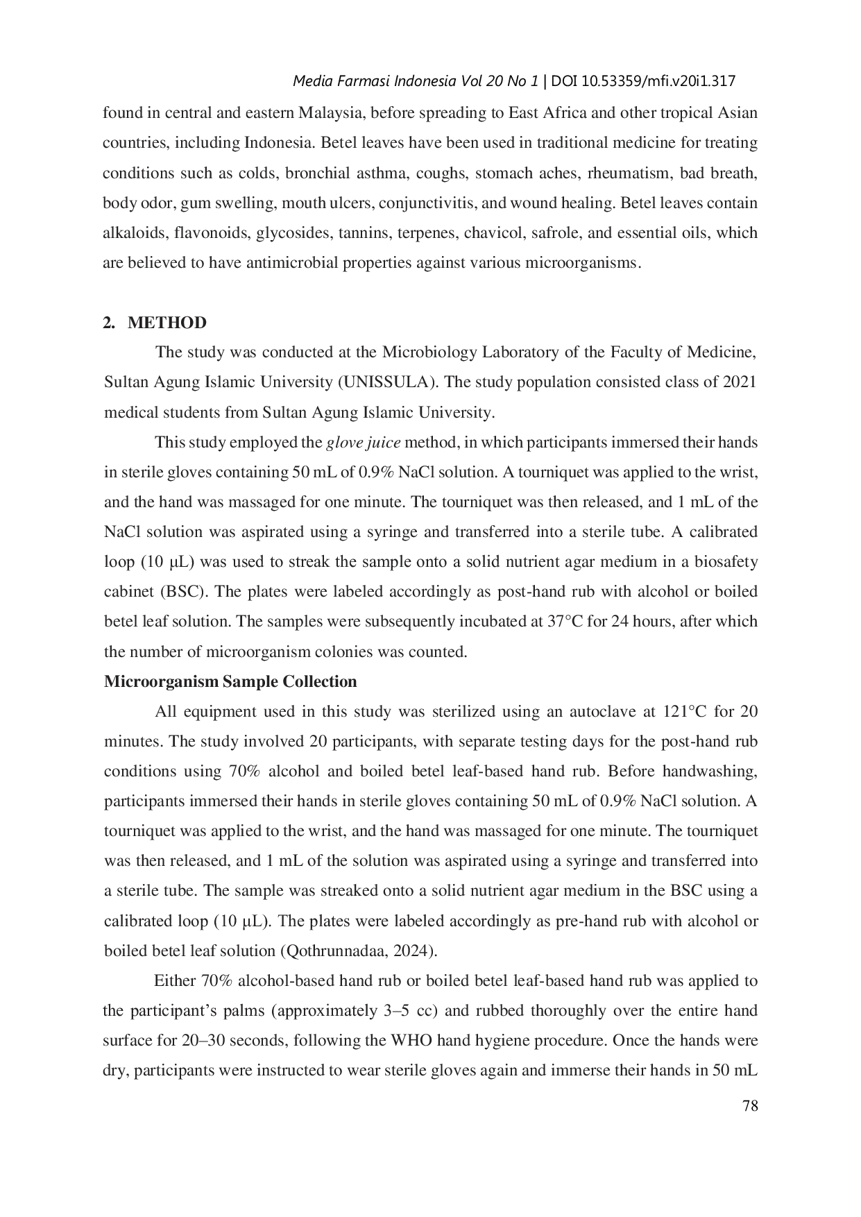 JURIS Determination Of The Difference Handrub Boiled Betel Leaf Piper Betle Compared Alcohol On The Percentage Of Reducing The Number Of Microorganism Colony