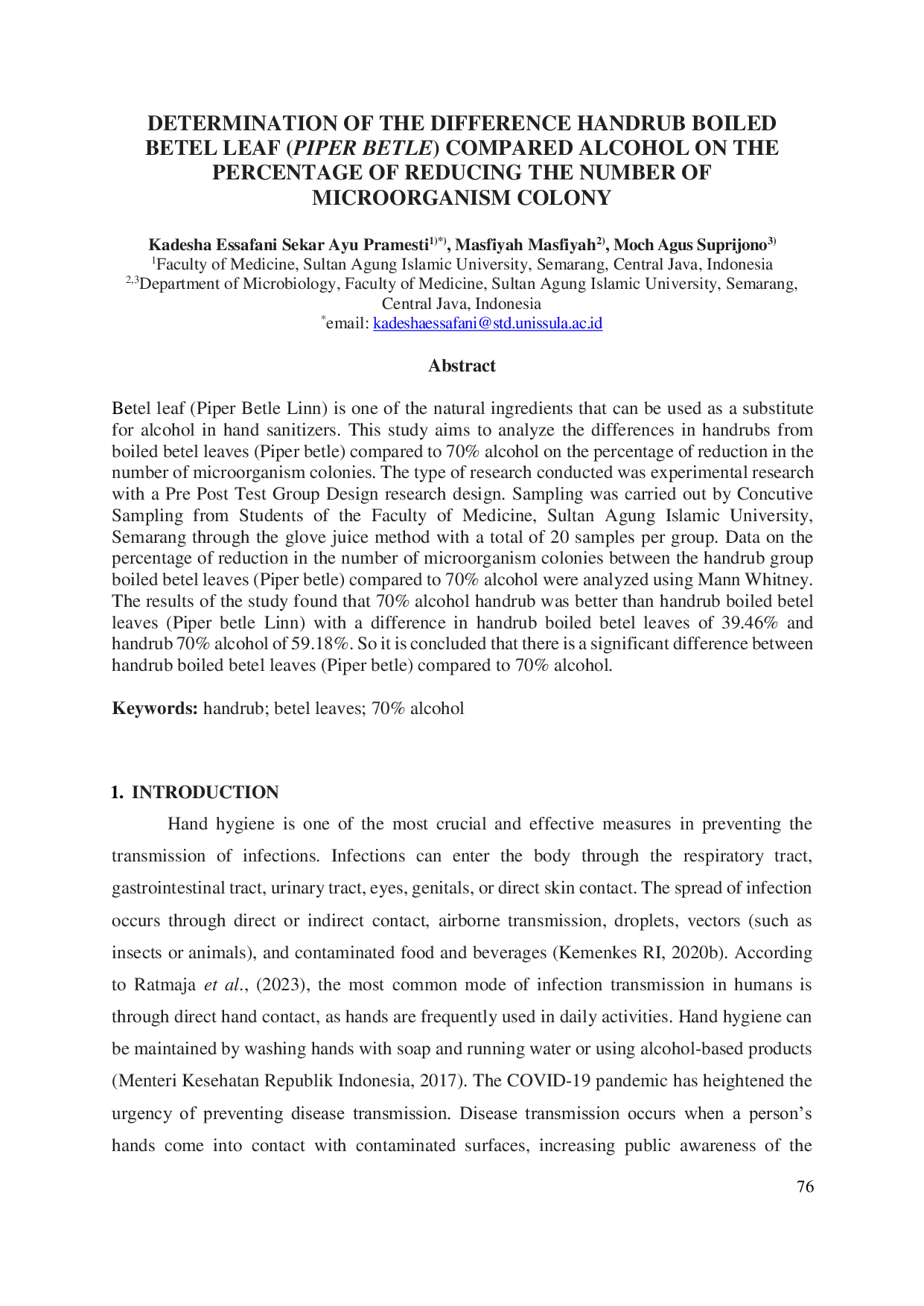 JURIS Determination Of The Difference Handrub Boiled Betel Leaf Piper Betle Compared Alcohol On The Percentage Of Reducing The Number Of Microorganism Colony