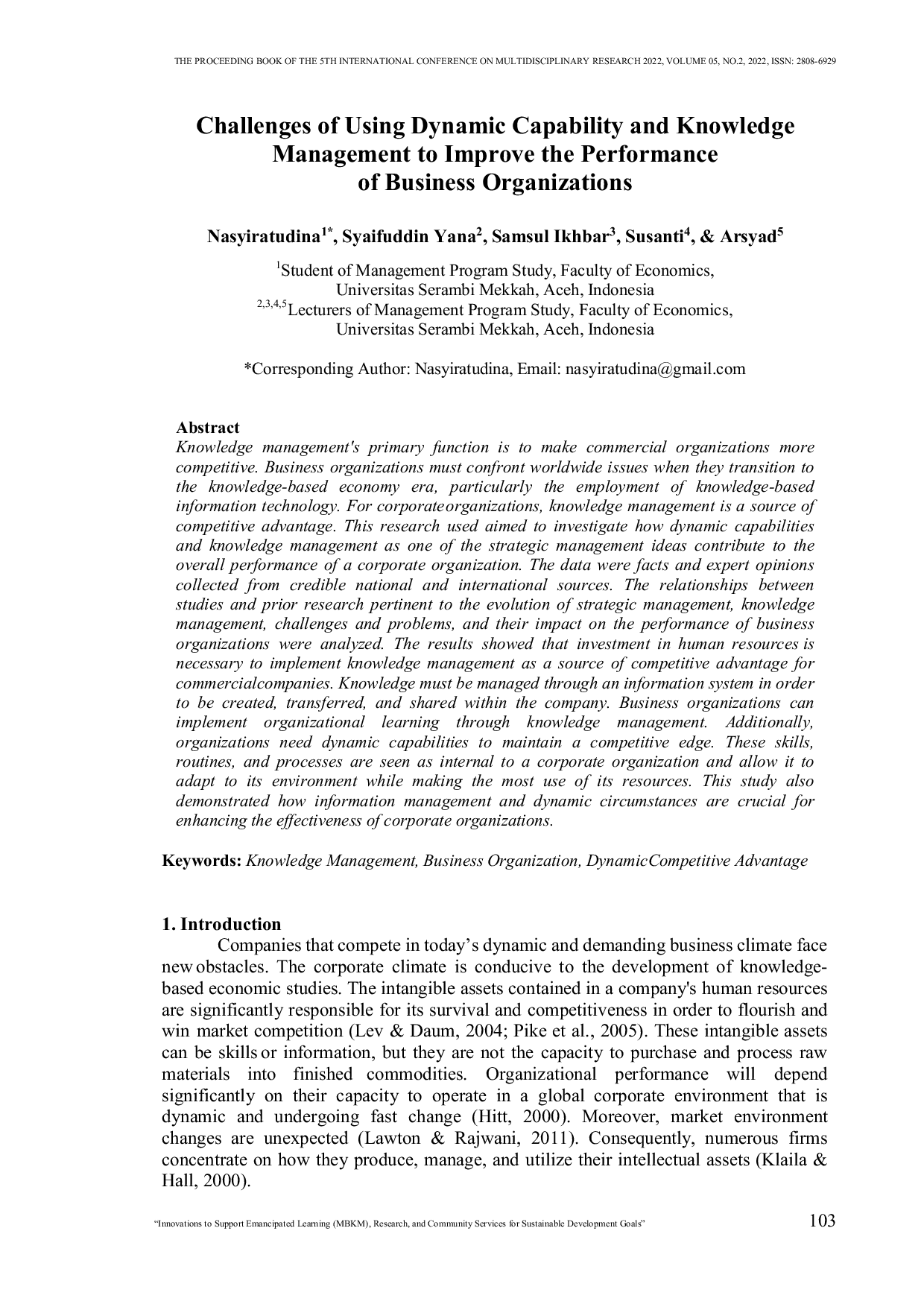 JURIS Challenges of Using Dynamic Capability and Knowledge Management to Improve the Performance of Business Organizations