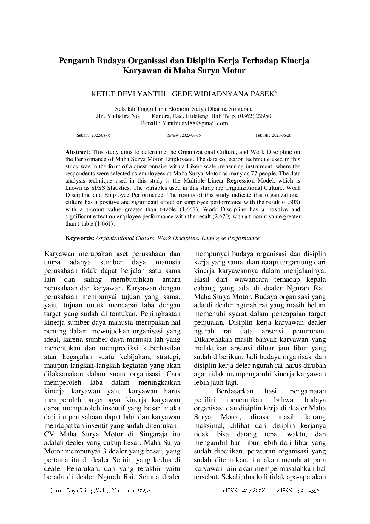 juris Pengaruh Budaya Organisasi Dan Disiplin Kerja Terhadap Kinerja Karyawan Di Maha Surya Motor