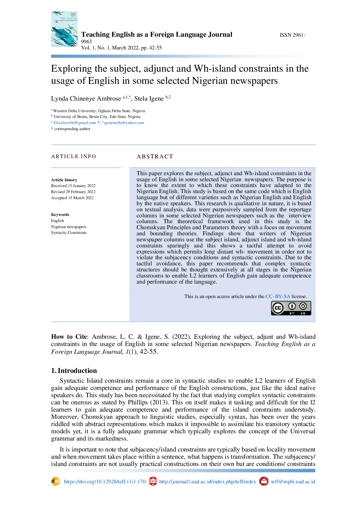 JURIS Exploring the subject adjunct and Wh island constraints in the usage of English in some selected Nigerian newspapers