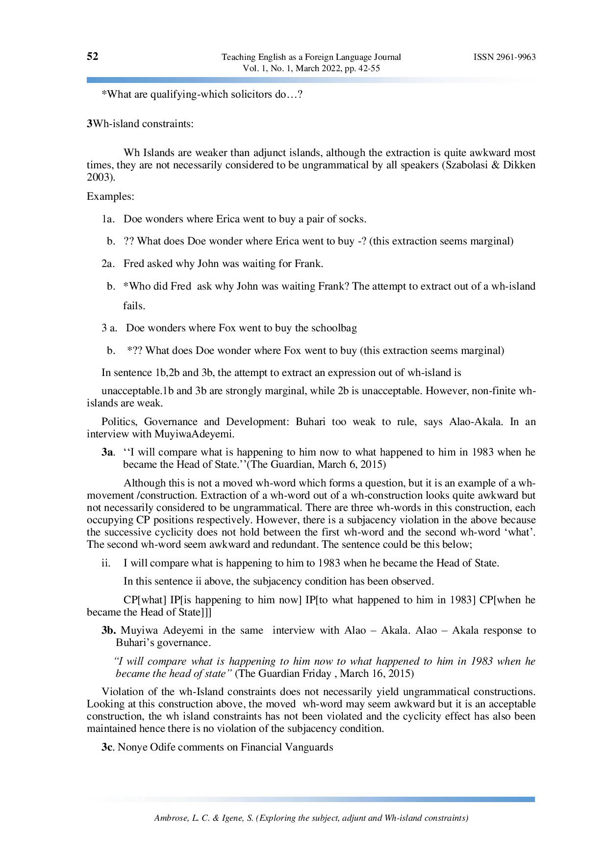 JURIS Exploring the subject adjunct and Wh island constraints in the usage of English in some selected Nigerian newspapers