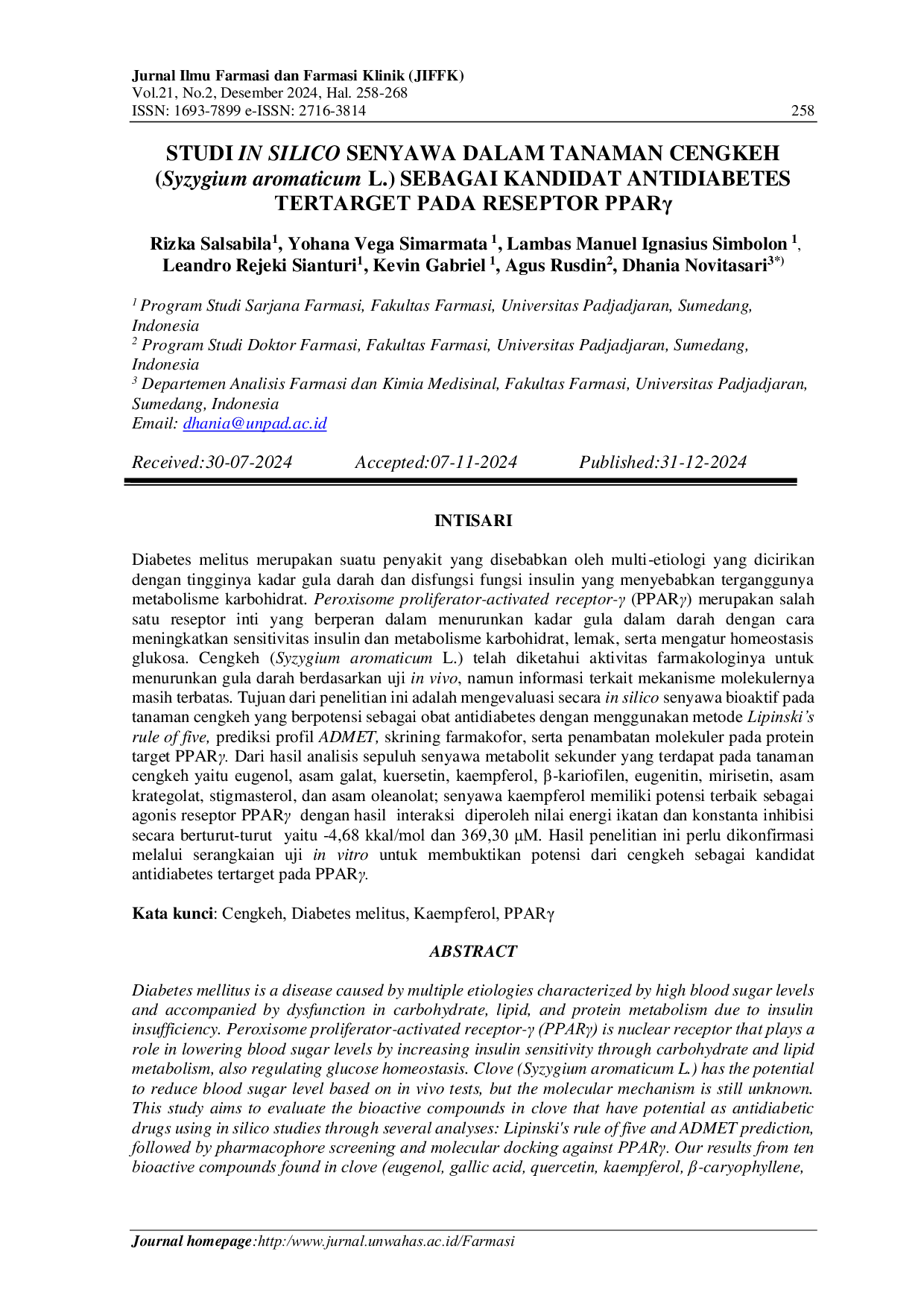JURIS In Silico Study of Compounds in The Clove Plant Syzygium aromaticum L As Anti Diabetic Candidate Targeted at The PPAR Receptor