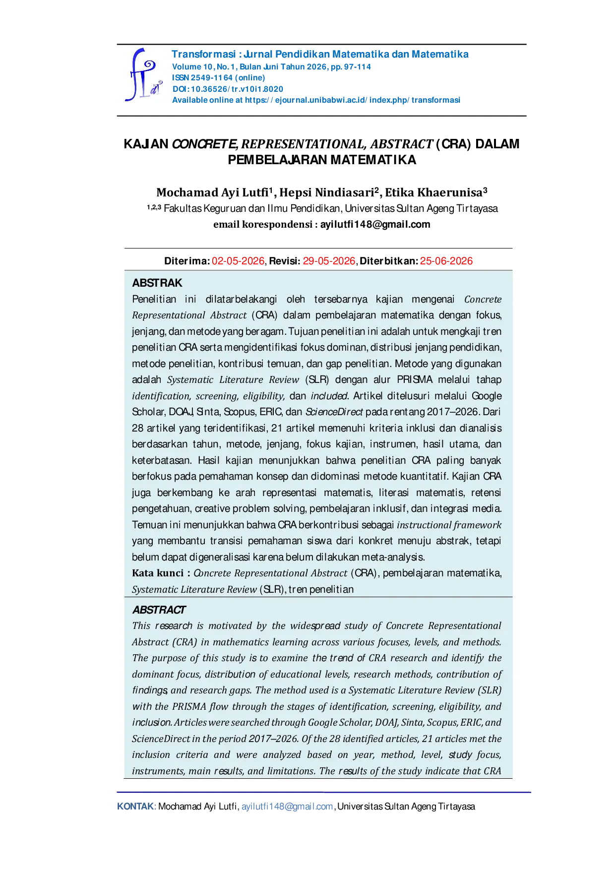 JURIS Kajian Concrete Representational Abstract CRA dalam Pembelajaran Matematika