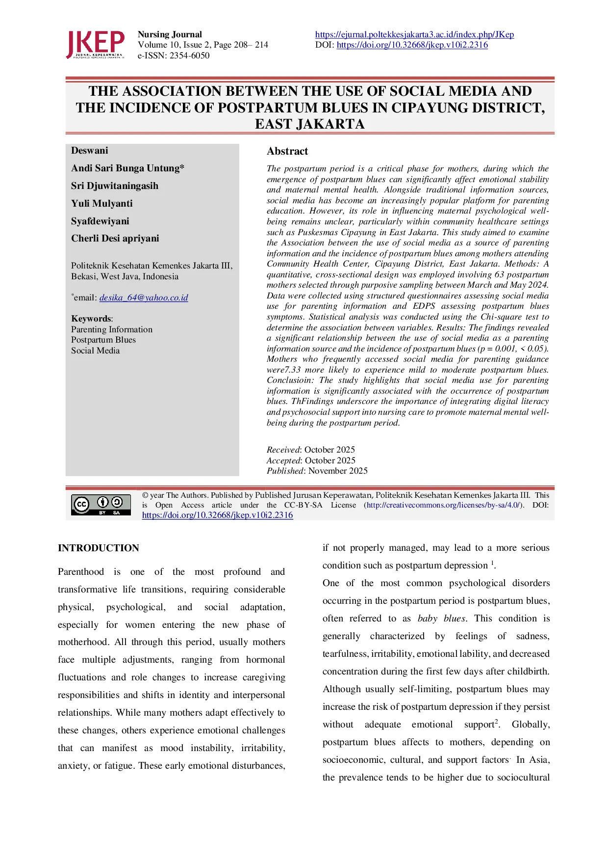 JURIS THE ASSOCIATION BETWEEN THE USE OF SOCIAL MEDIA AND THE INCIDENCE OF POSTPARTUM BLUES IN CIPAYUNG DISTRICT EAST JAKARTA