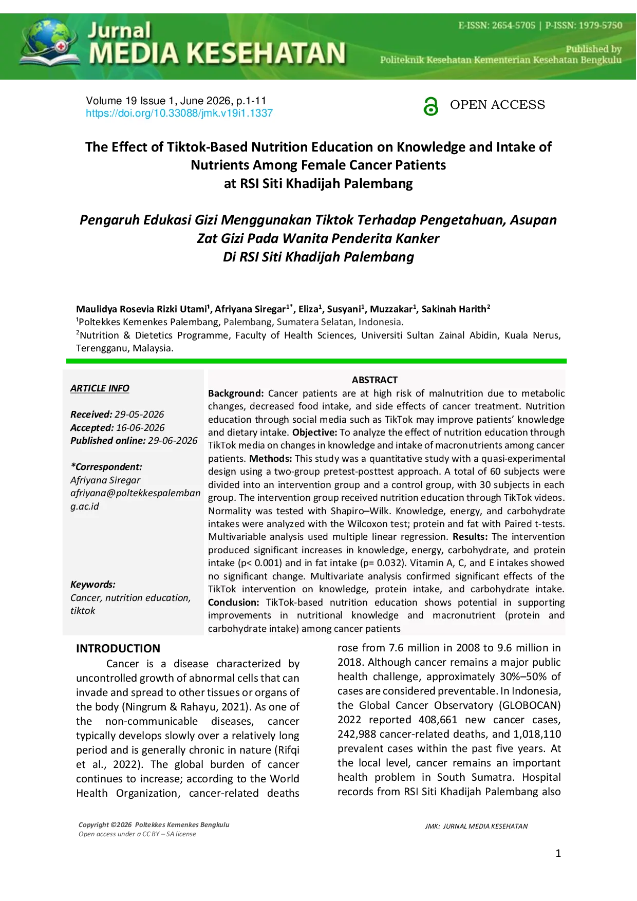 JURIS The Effect of Tiktok Based Nutrition Education on Knowledge and Intake of Nutrients Among Female Cancer Patients at RSI Siti Khadijah Palembang The Effect of Tiktok Based Nutrition Education on Know