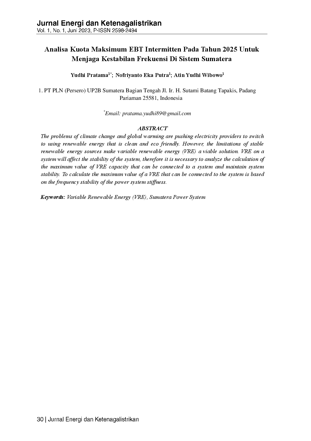 JURIS Analisa Kuota Maksimum EBT Intermitten Pada Tahun 2025 Untuk Menjaga Kestabilan Frekuensi Di Sistem Sumatera