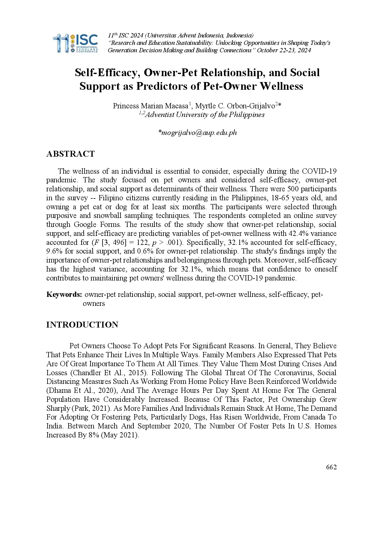 juris Self Efficacy Owner Pet Relationship and Social Support as Predictors of Pet Owner Wellness